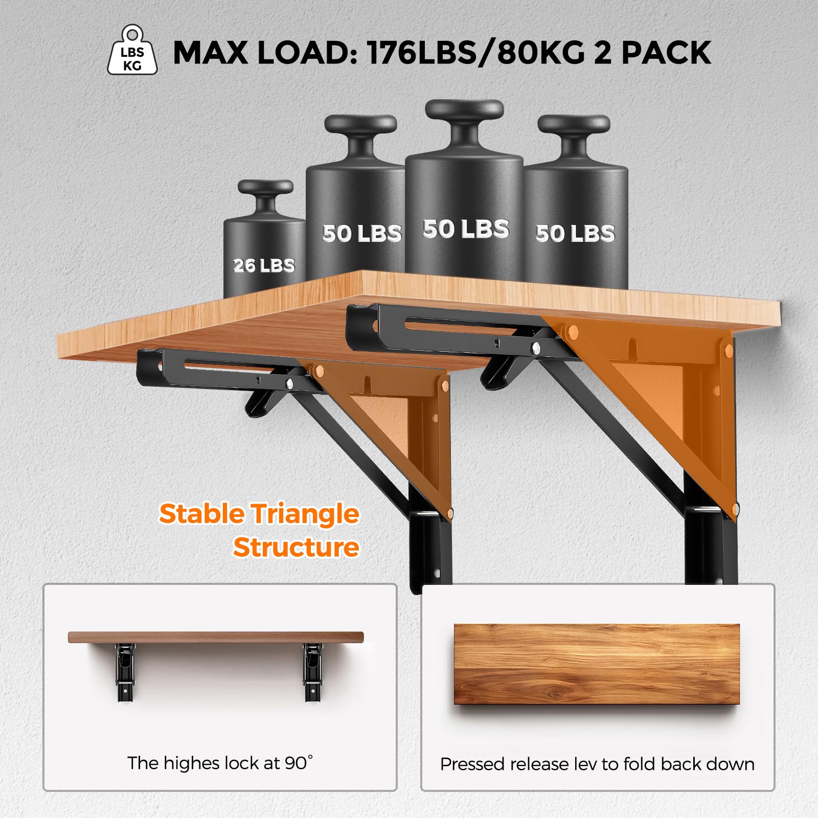 Matte Black Folding Shelf Brackets - 2 Pack -6 Matte Black Folding Shelf Brackets - 2 Pack -6