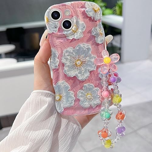 Funda para iPhone 13 Mini rizada y ondulada, bonita pintura al óleo retro colorida patrón brillante con cadena de cuentas, funda protectora delgada