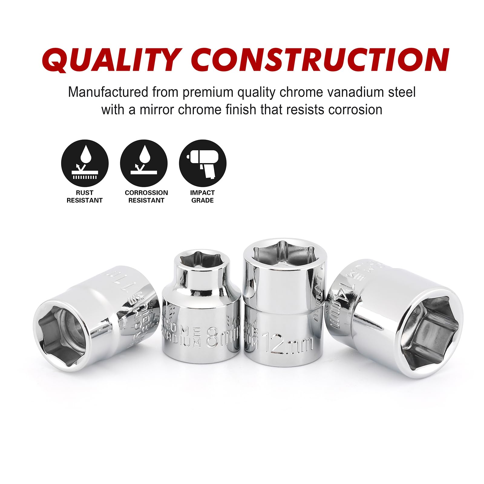 CASOMAN 14 Piece 3/8" Drive 6 Point Stubby Socket Set, Metric, Mirror Chrome Finish, 6,7,8,9,10,11,12,13,14,15,16,17,18,19mm - Image 3
