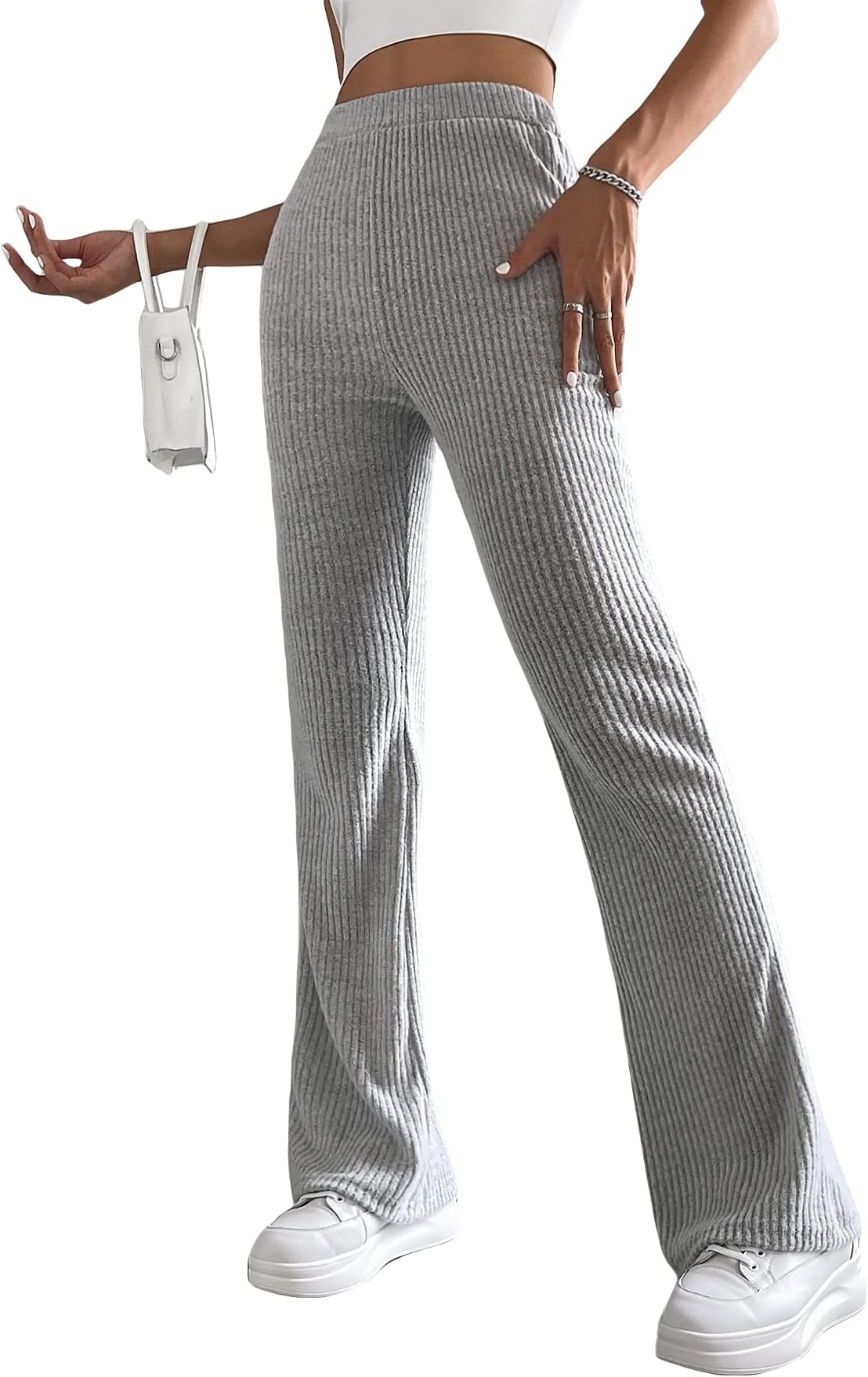 GORGLITTERWomen's Ribbed Knit Flare Leg Elastic High Waist Pants Casual Stretch Long Trousers