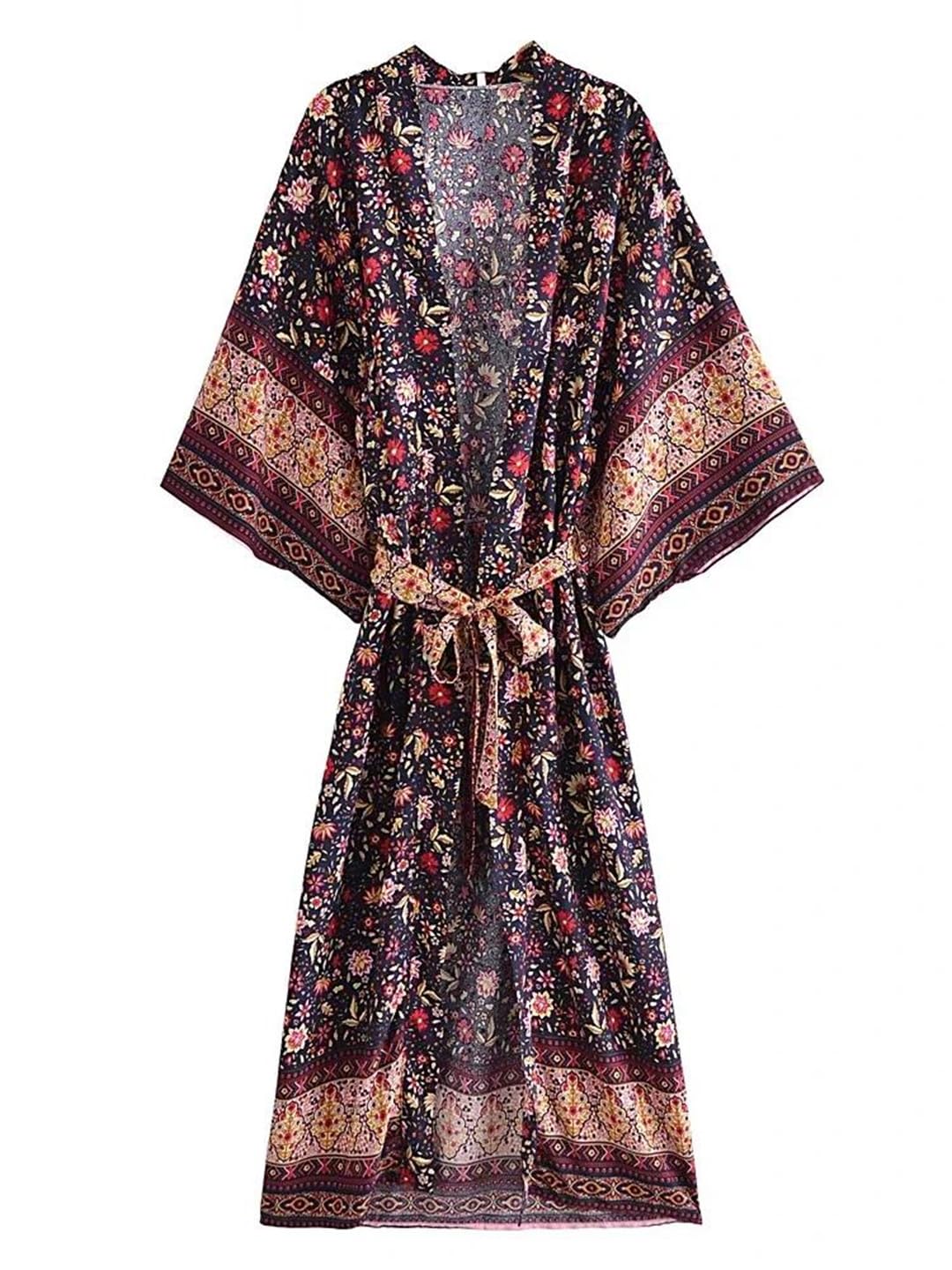 Wjnvfioo Moda damska czarny nadruk plaża bohema kimono dekolt w serek szarfy letni szlafrok okrycie bikini