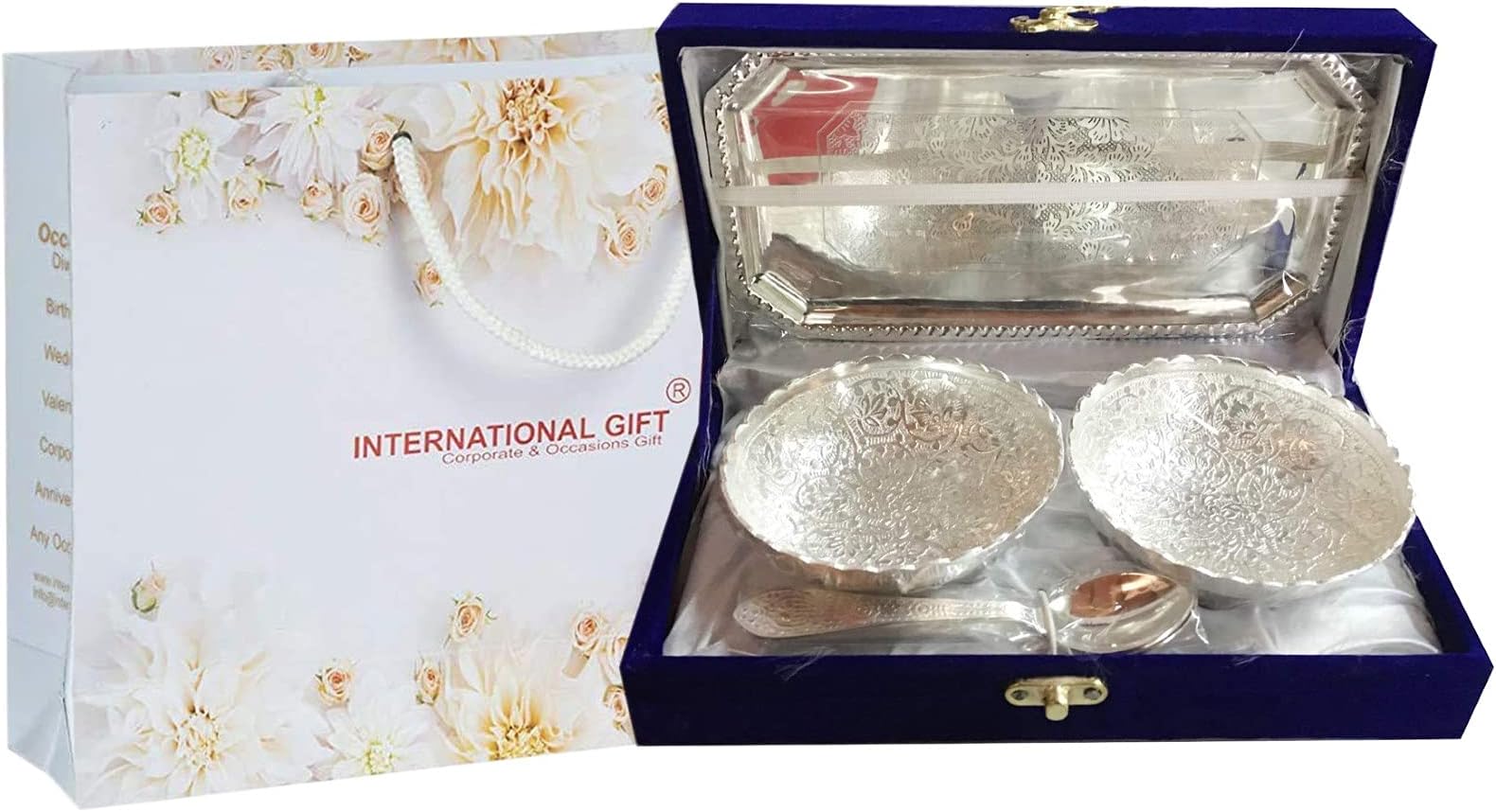 INTERNATIONAL GIFT® German Silver Brass Two Bowl with Two Spoon and with Single Tray with Beautiful Velvet Box Packing with Carry Bag Uses for Dry Fruit | Chocolate | Sweet | HomeDecor