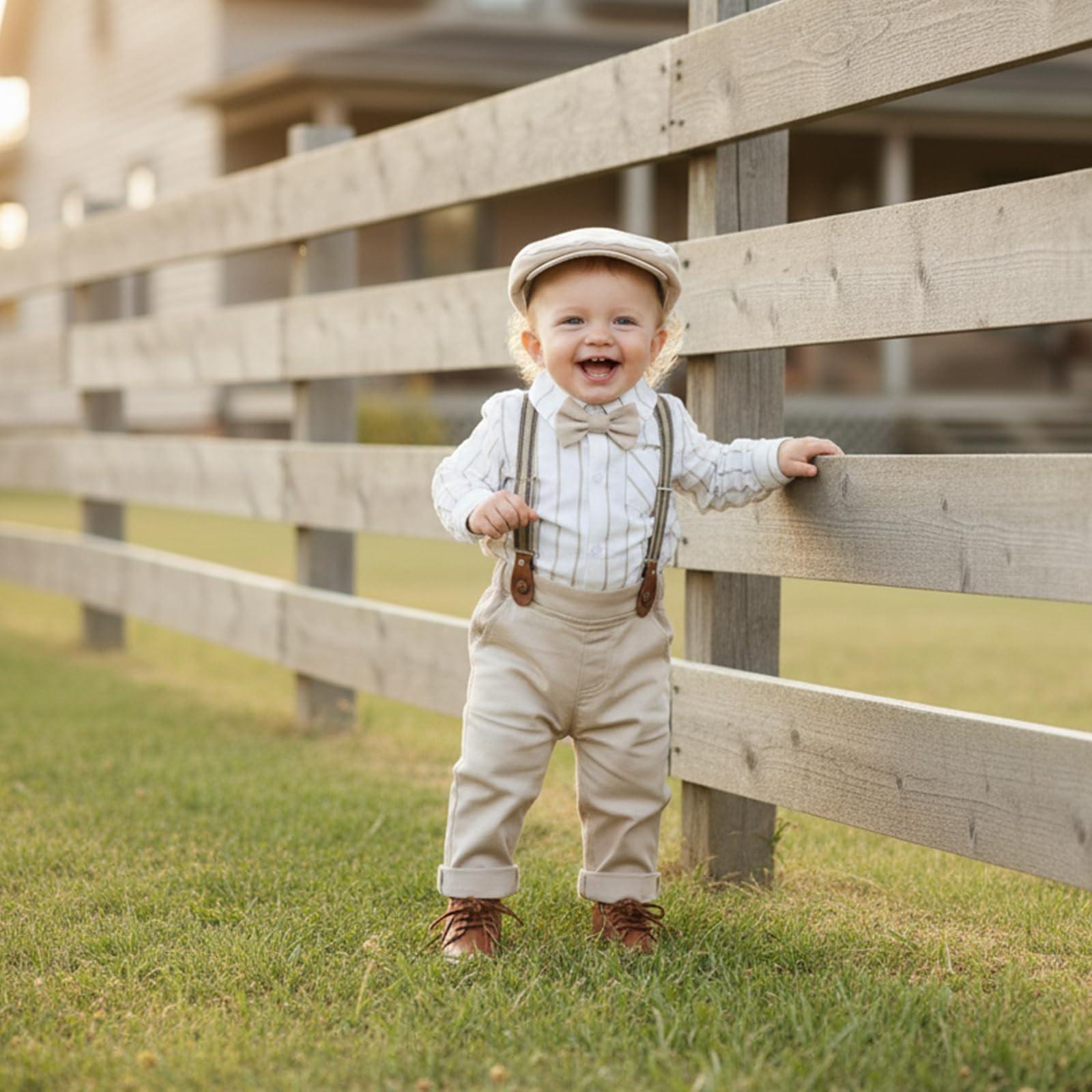 Volunboy Bimbo Neonato Completini e Coordinati Gentiluomo, Camicia Fiocco e Bretelle Pantaloni 5 Pezzi