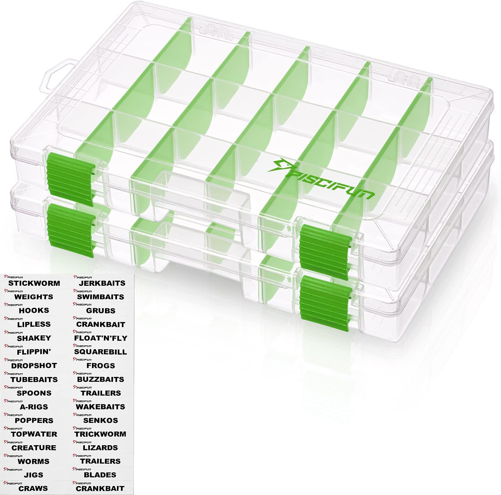 Piscifun Fishing Tackle Boxes, Tackle Trays with Waterproof Labels and Removable Dividers, 3600/3700 BPA-Free Plastic Clear Fishing Storage Organizer Boxes for Lures, 2 Packs/ 4 Packs