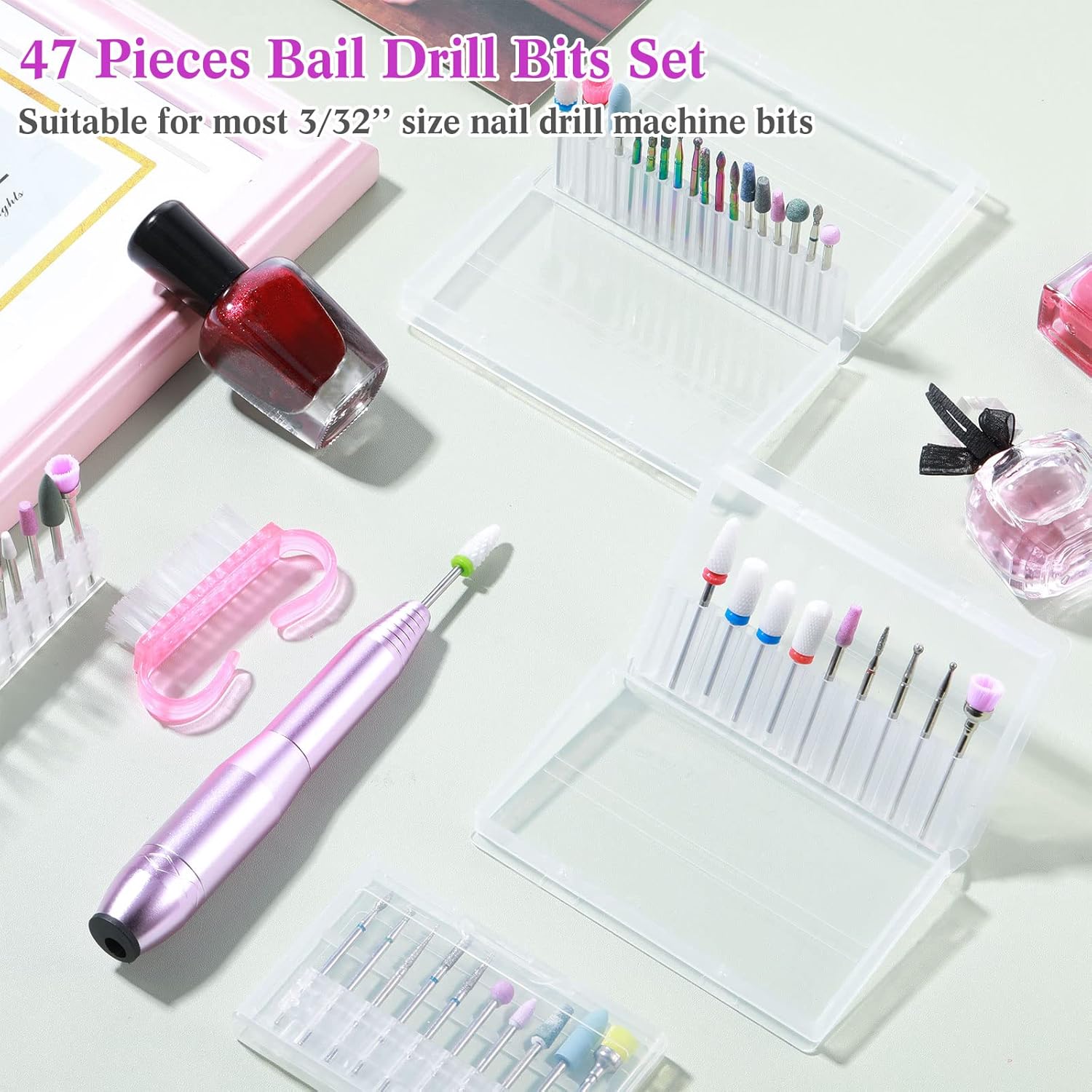 Chumia 47 Pcs Nail Drill Bits Sets 3/32 Inch Electric Diamond Ceramic Acrylic Gel Nail Bit Kit Manicure Supplies Carbide Cuticle for Manicure Drill Remover for Home Salon Gel Pedicure Tools