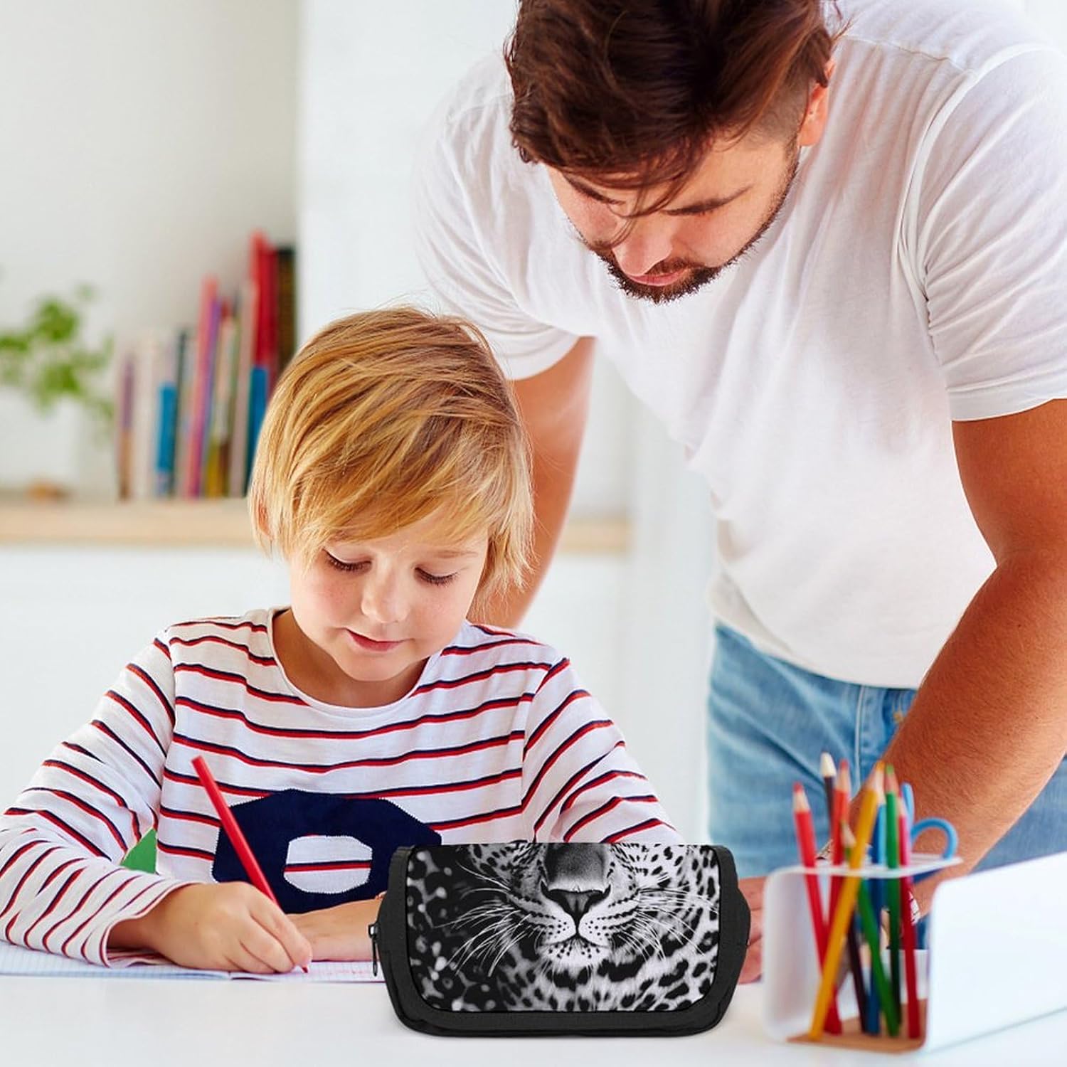 Pencil Pouch Black And White Leopard Face Pencil Case for Men Women Cosmetic Bag Aesthetic Pen Bag for Office Multifunctional Bag Marker Pen Case