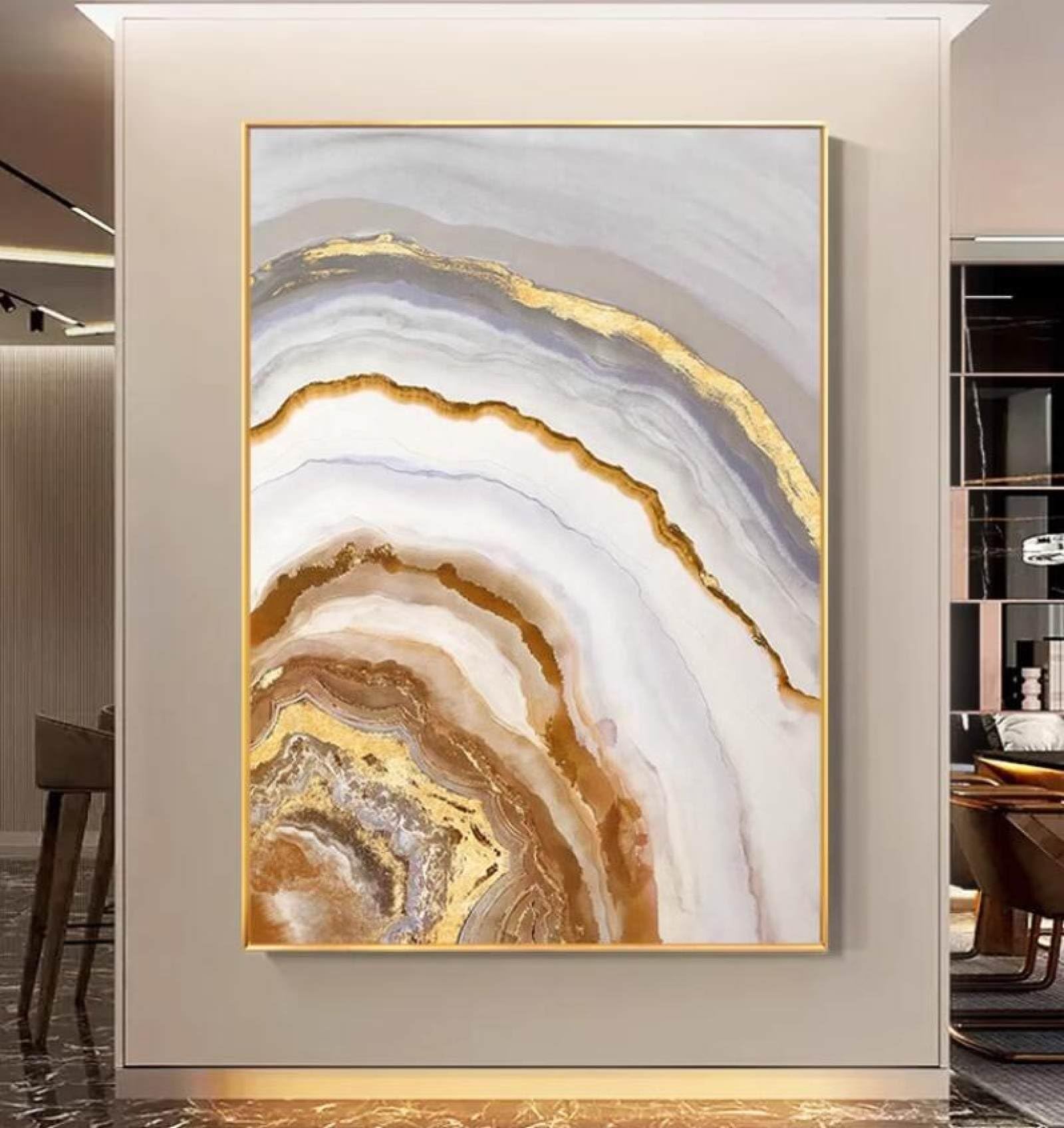 Peinture à l'huile vagues dorées grand format pour décoration murale chambre