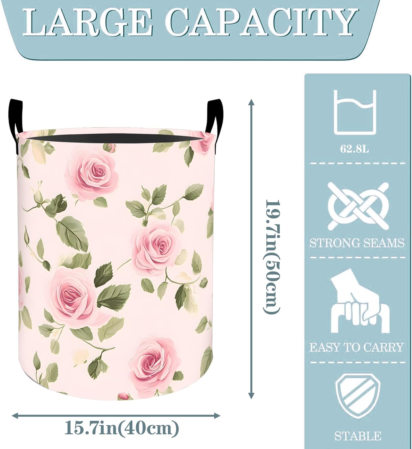 Rose Floral Pink Flower Laundry Basket, Dirty Collapsible Clothes Toy Organizer Hamper for Kids Adults, Oxford Cloth Waterproof Storage Bin for Bedroom Bathroom Home Decor Gifts, 19.7"X15.7"