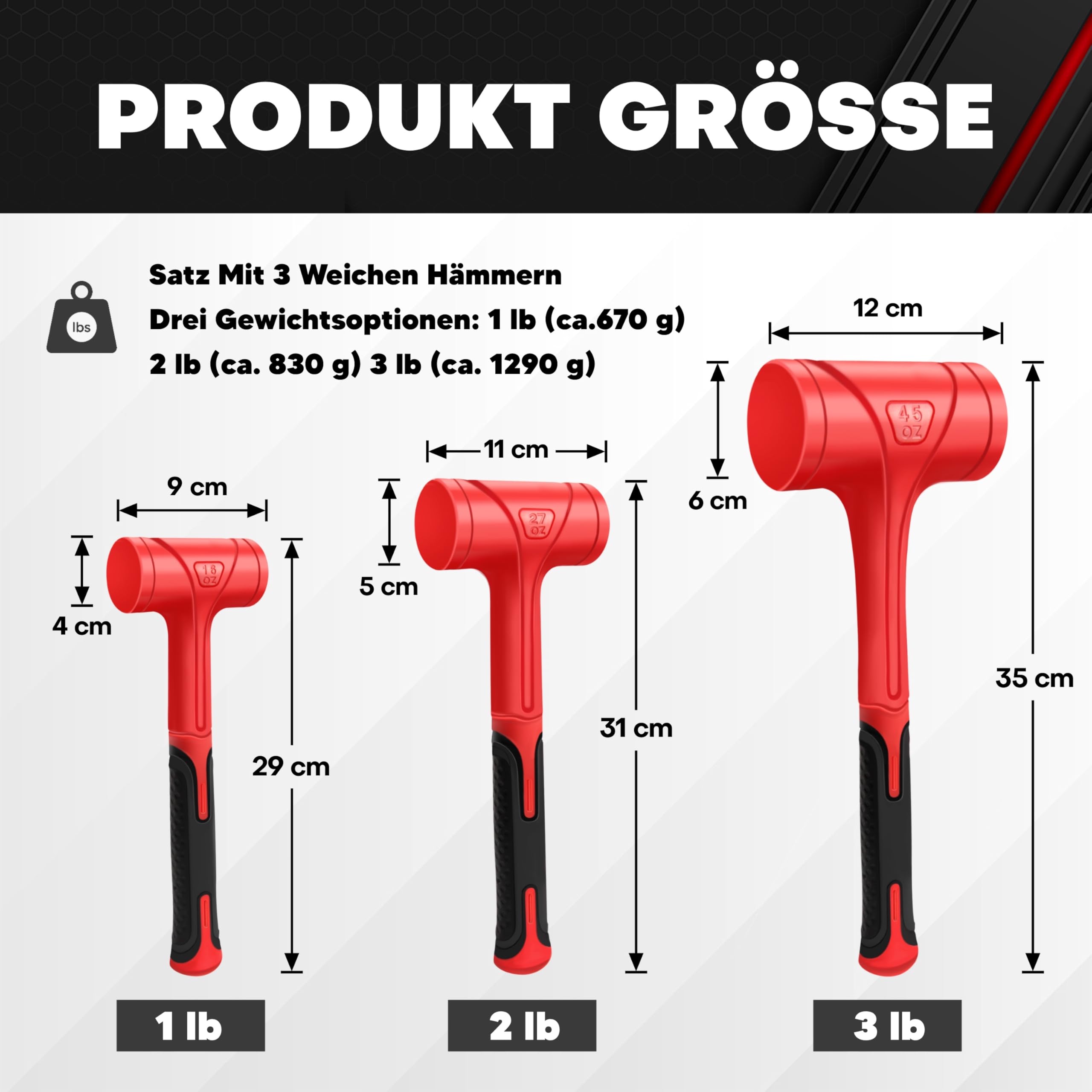 C&T Dead Blow - Set di 3, Martello antirimbalzo, colore: rosso e nero, design resistente agli urti, nessun martello rimbalzo Unibody Molded Checkered Grip Spark and Rebound Resistant