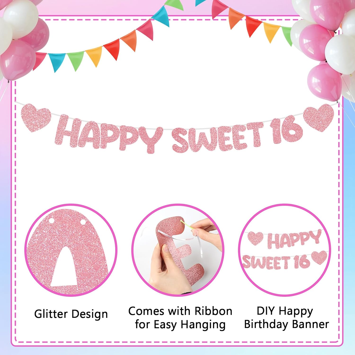 Rose Gold Happy Sweet 16 Banner Glitter Happy 16th Birthday Banner Sweet Sixteen Birthday Party Sign 16th Happy Birthday Garland Sixteenth Birthday Party Decorations for Girls Cheer to 16 Years