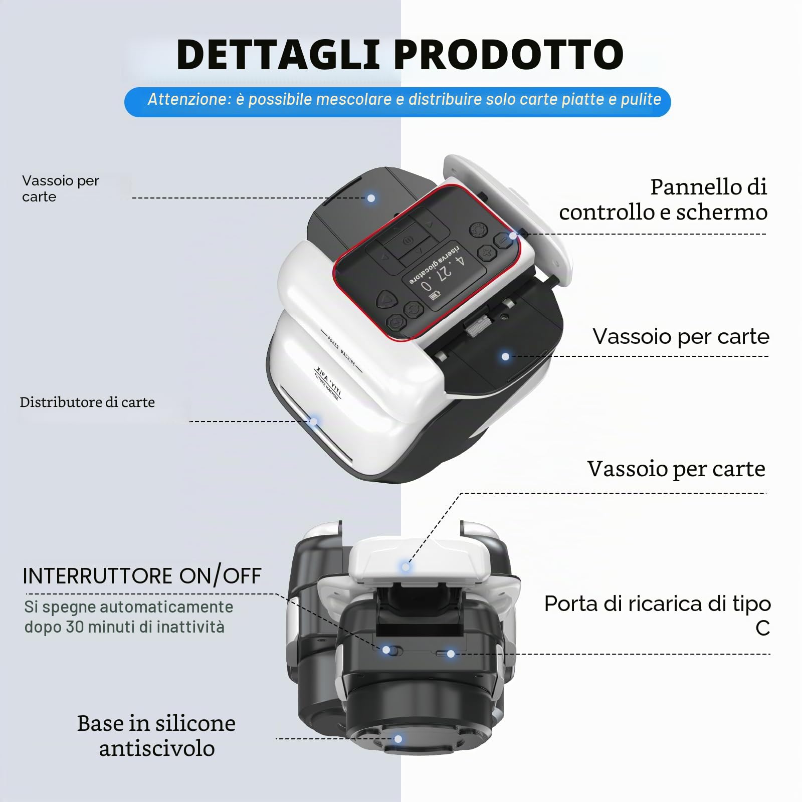 Mescolatore e Distributore Automatico di Carte 2 in 1, Distributore Carte da Gioco Automatico, Rotazione 360° per 1–8 Giocatori, Mischia Carte Ricaricabile e Silenzioso per Poker, UNO e Texas Hold'em