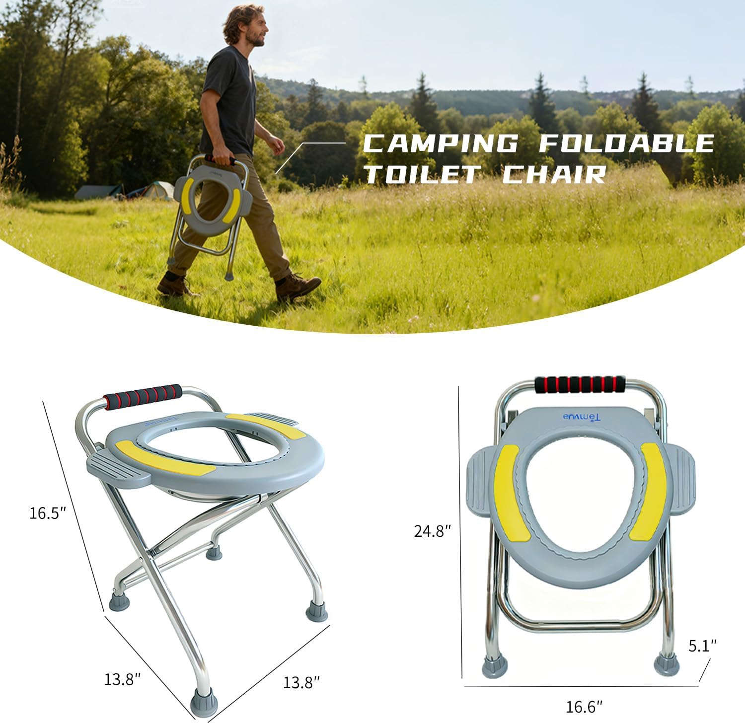 Temvue Outdoor Folding Commode Portable Toilet Seat, Stainless Steel Portable Potty Commode Chair, Perfect for Camping, Traveling, Hiking, Outdoor Living