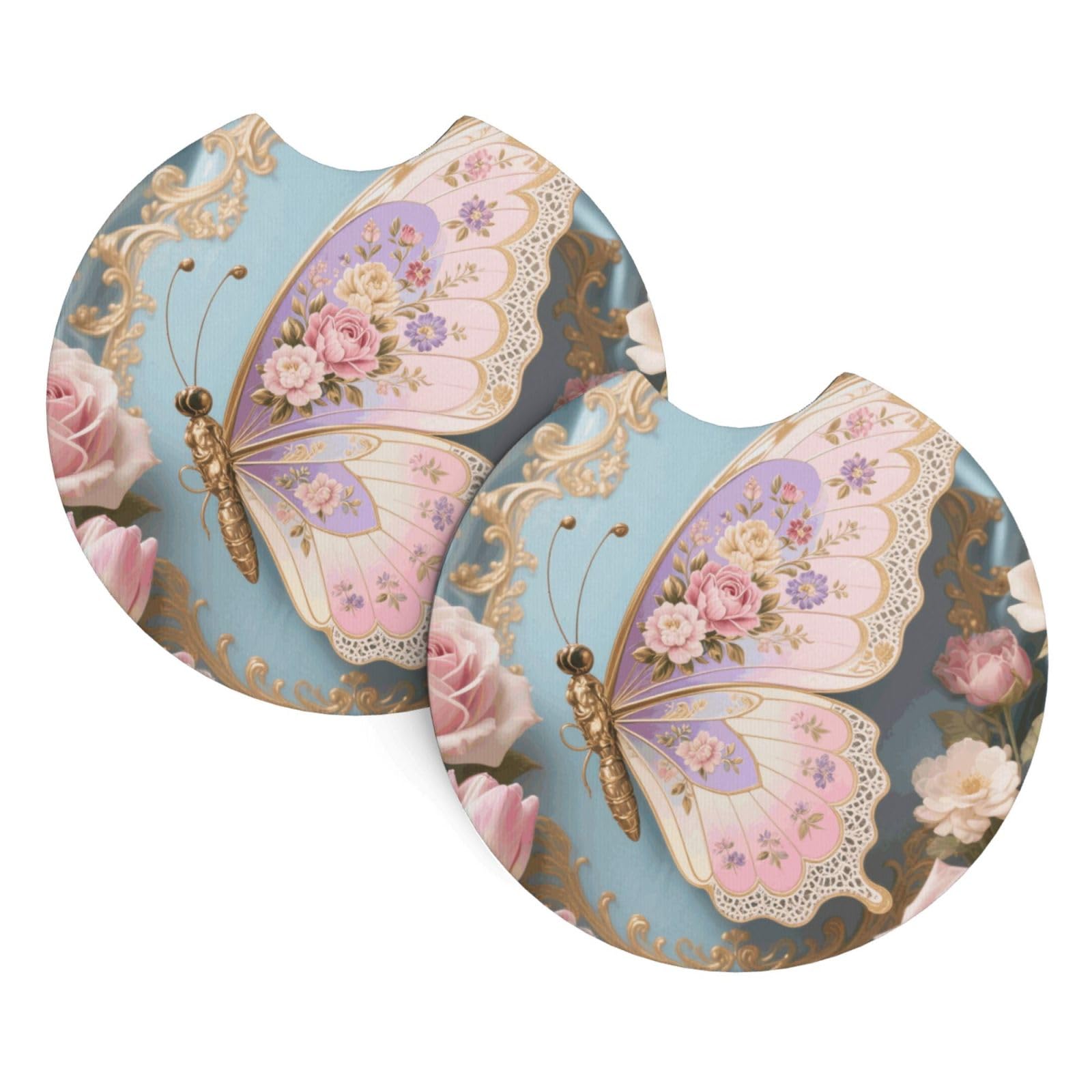 2 Pack Car Coaster for Cup Holders Floral Butterfly Car Cup Coaster 2.7" Neoprene Non-Slip Automotive Cup Mat Universal Auto Car Interior Accessories for Women Men Cup Pad