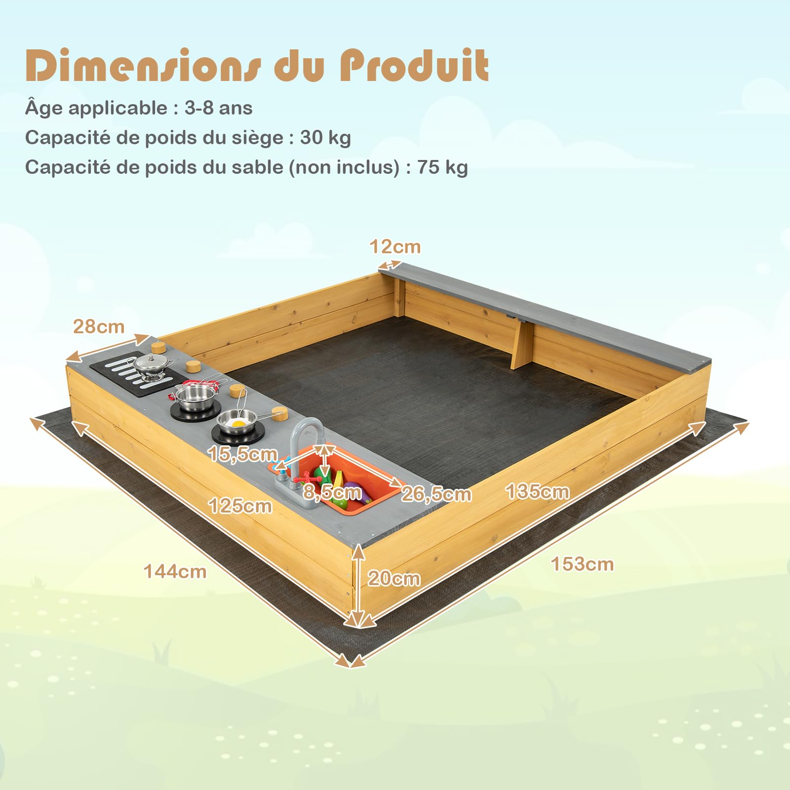 GOPLUS - Bandeja de arena de madera con banco de 135 x 125 cm, 3 en 1 bandeja de arena exterior con tapas, juego para niños de 3 a 8 años con utensilios de cocina para jardín, césped, playa