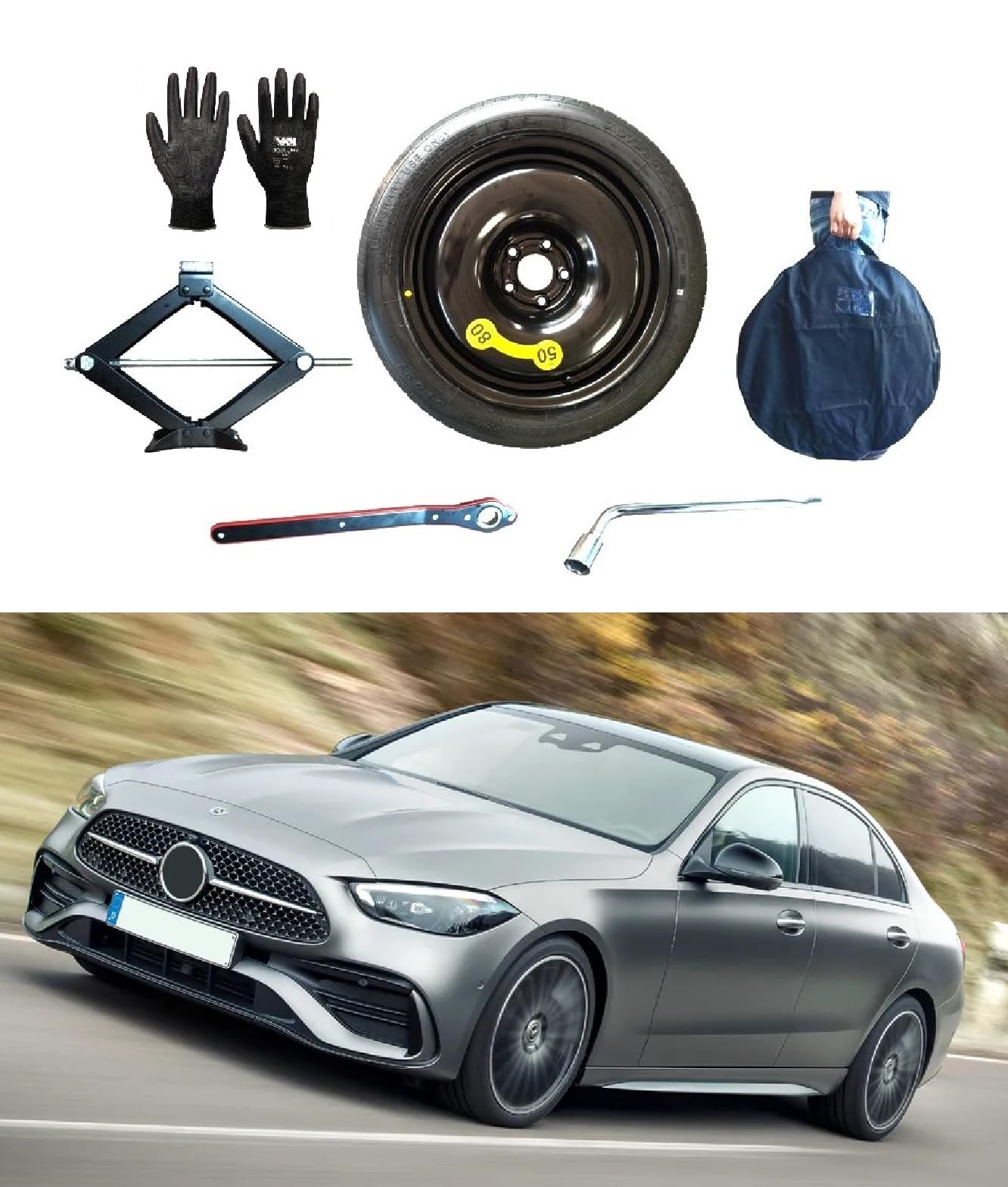 Kit de roue d'urgence 18" compatible avec Mercedes Classe C avec cric, clé, gants et sac
