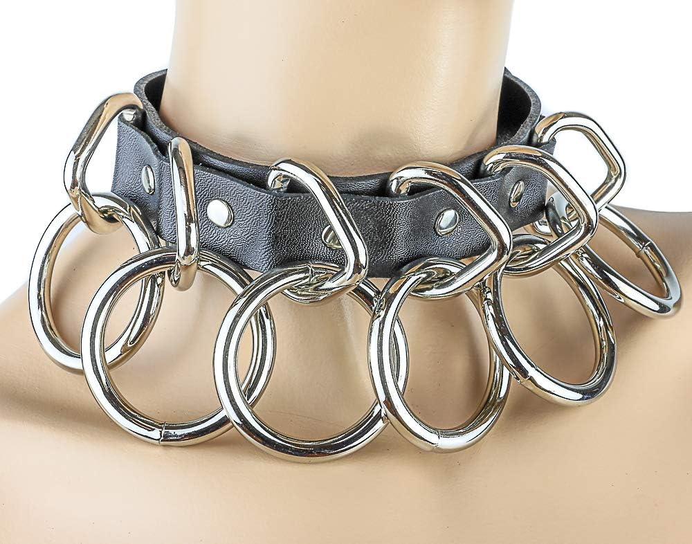 Genuine Leather Six Extra Large Ring Bondage Choker Punk Collar Gothic Necklace Goth Style USA Made
