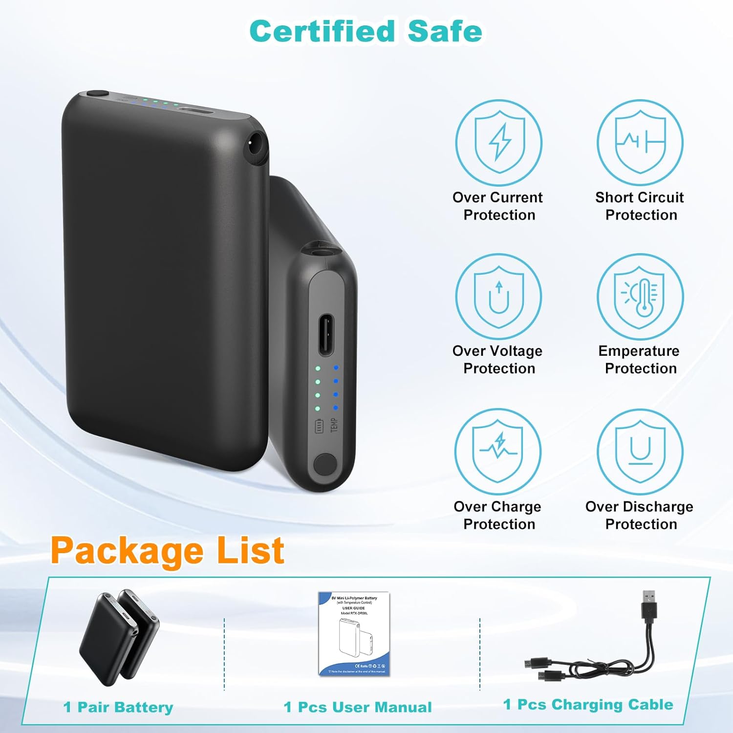 RTDEP 5V 6000mAh Heated Gloves Battery Pack, 4 Heating Level, Batteries for Heated Socks, Insoles, DC Output, Heat Slippers Rechargeable Battery- 1Pair - Image 7