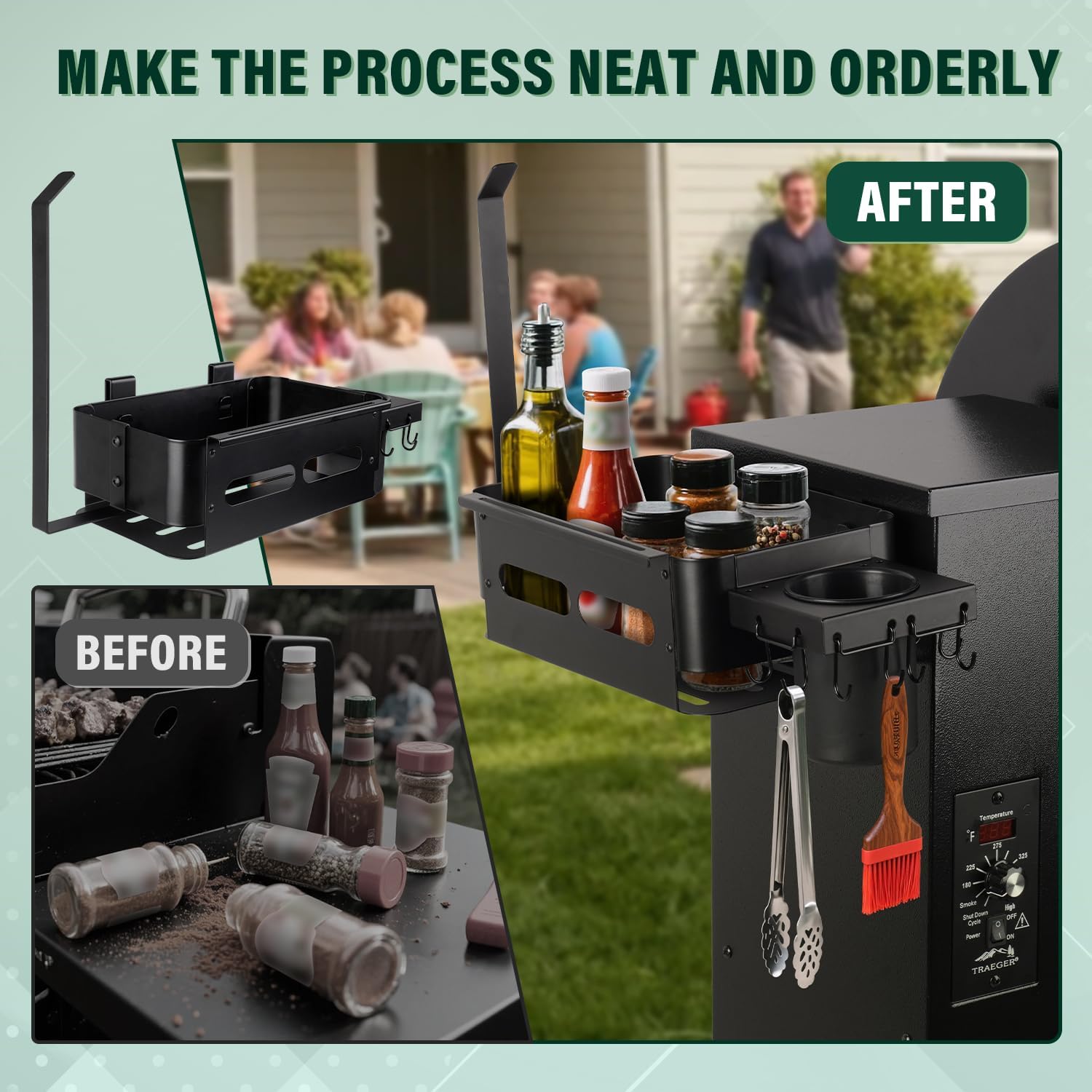 Goldusk Storage Bin for Traeger Grills with Paper Towel Holder and Drink Holder Accessories Outdoor Grill for Traeger Ironwood 650/885, PRO 575/780/34/22, for Pit boss, for Z-Grills Smoker Accessories