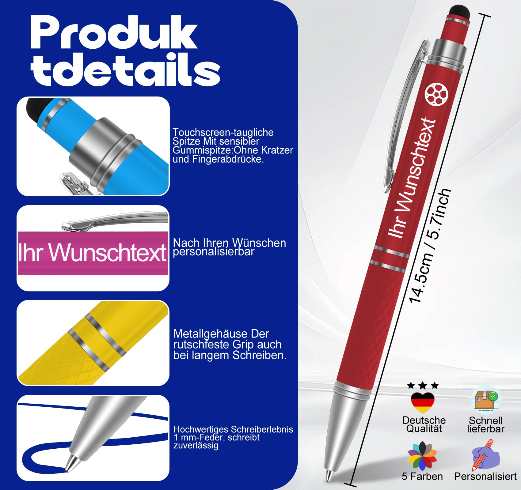 50er Kugelschreiber mit Gravur & Touchpen,Personalisiert Pen 1mm Strichstärke mit Wunschtext als Geschenke Glücksbringer Prüfung,Geschäftliche,Werbegeschenk,Werbeartikel,Abschiedsgeschenk