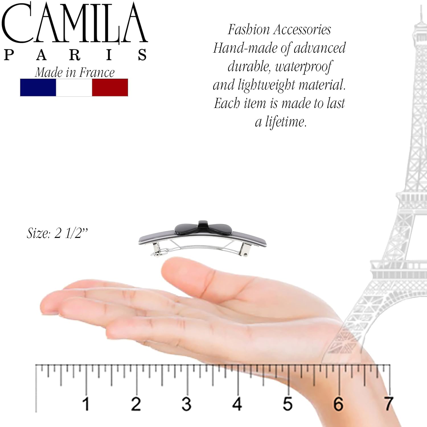 Camila Paris CP3371 French Hair Barrette Clip for Girls, Handmade Gray and Black, Strong Hold Grip Hair Clips for Women, No Slip and Durable Styling Girls Hair Accessories, Made in France
