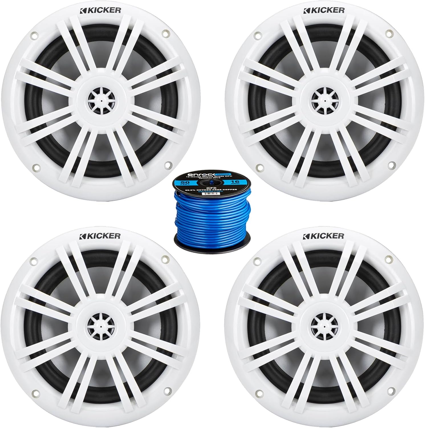 2 Pair (QTY 4) of Kicker KM 6.5" 150 Watt Peak Power 4 Ohm Coaxial Marine White Boat Audio Speakers, Speaker Wire