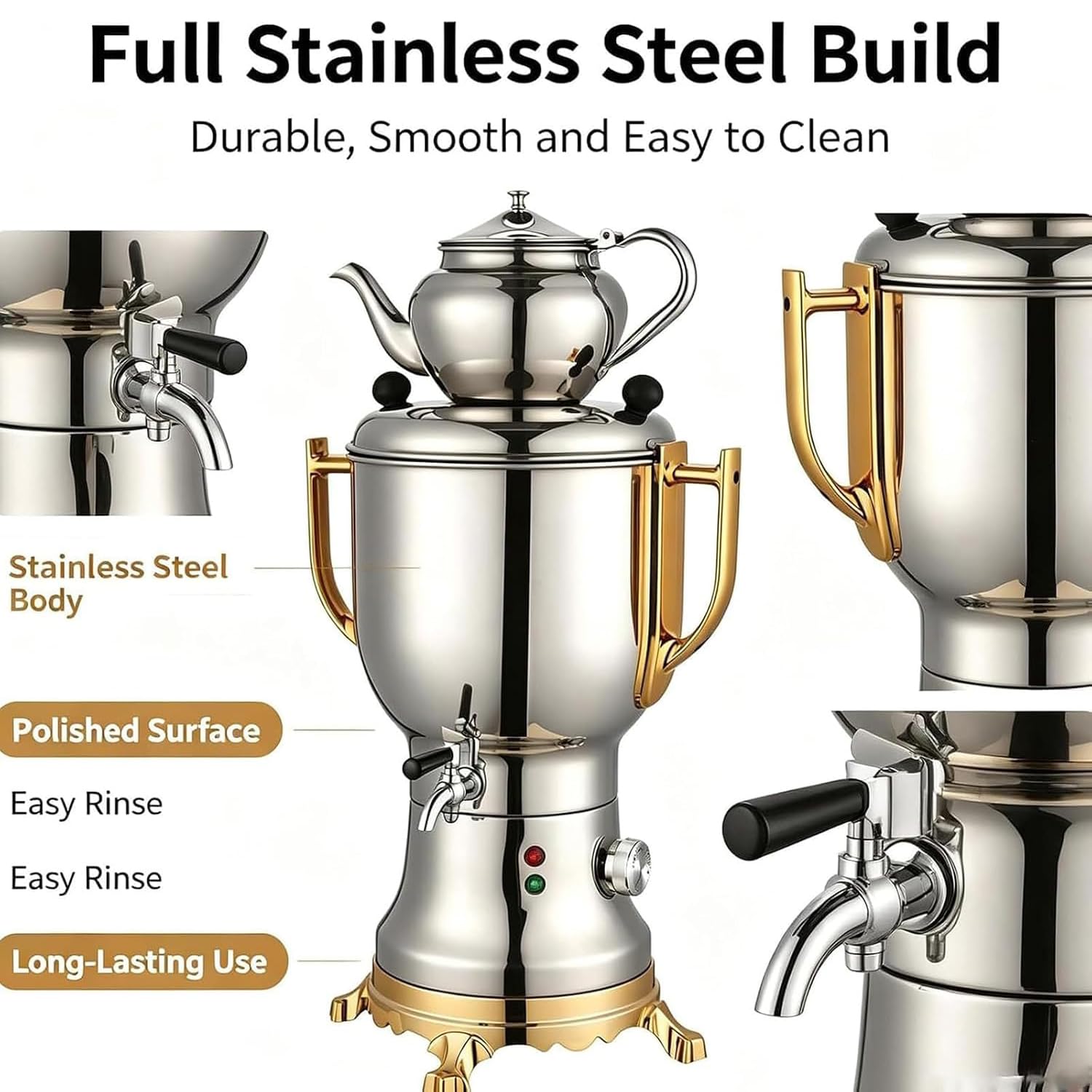 Samovar Elettrico Turco Da 1800 W Con Riscaldamento Rapido E Funzione Samovar, Completo Di Bollitore Da 4 Litri E Teiera Da 1 Litro, Set Da Tè In Acciaio Inox Con Sistema Anti-ebollizione A Secco