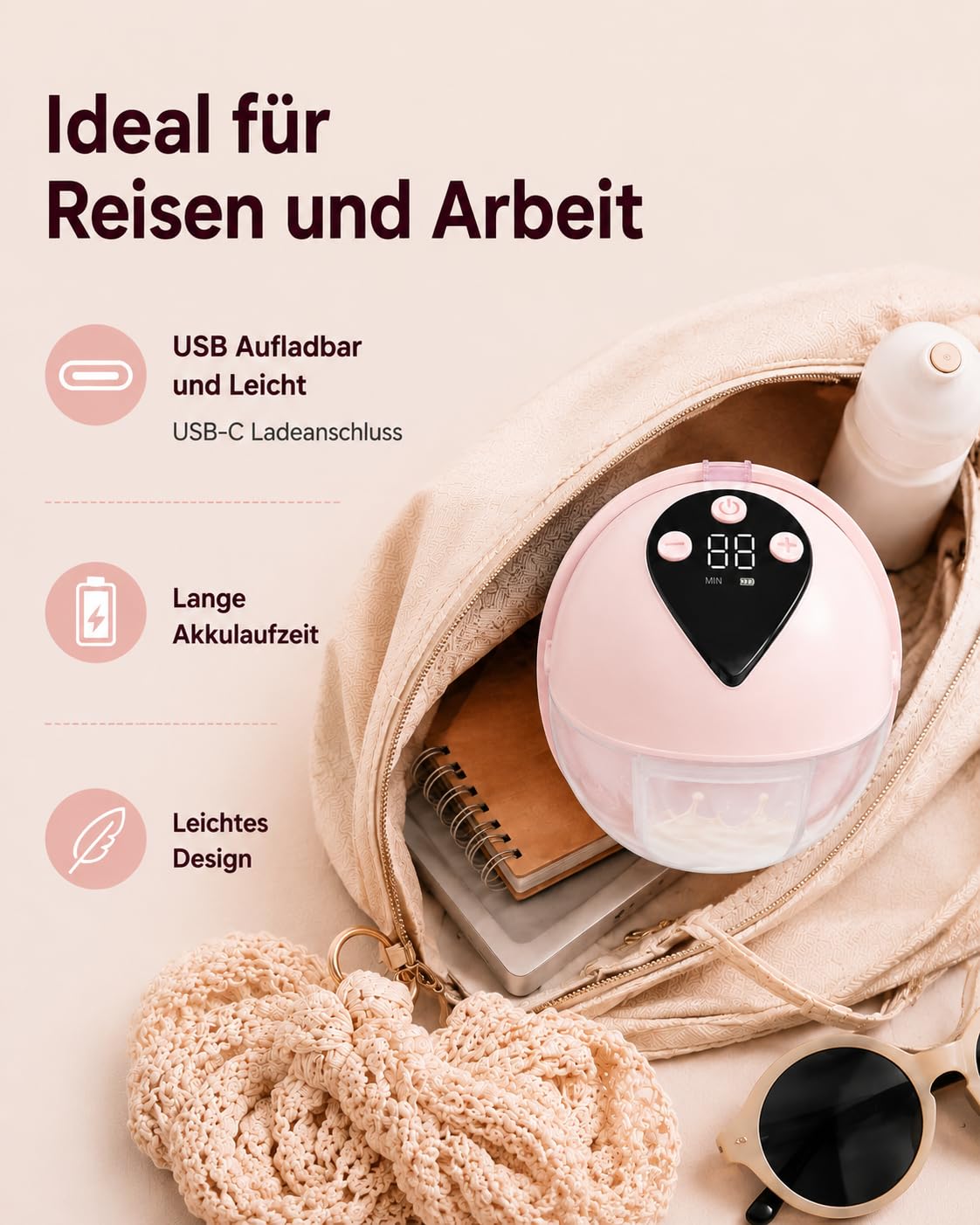 Tire-lait électrique mains libres portable rose (1 paquet) | 4 modes et 12 niveaux sans BPA, rechargeable, avec brides de 18/21/24 mm et accessoires, pour la maison et les déplacements