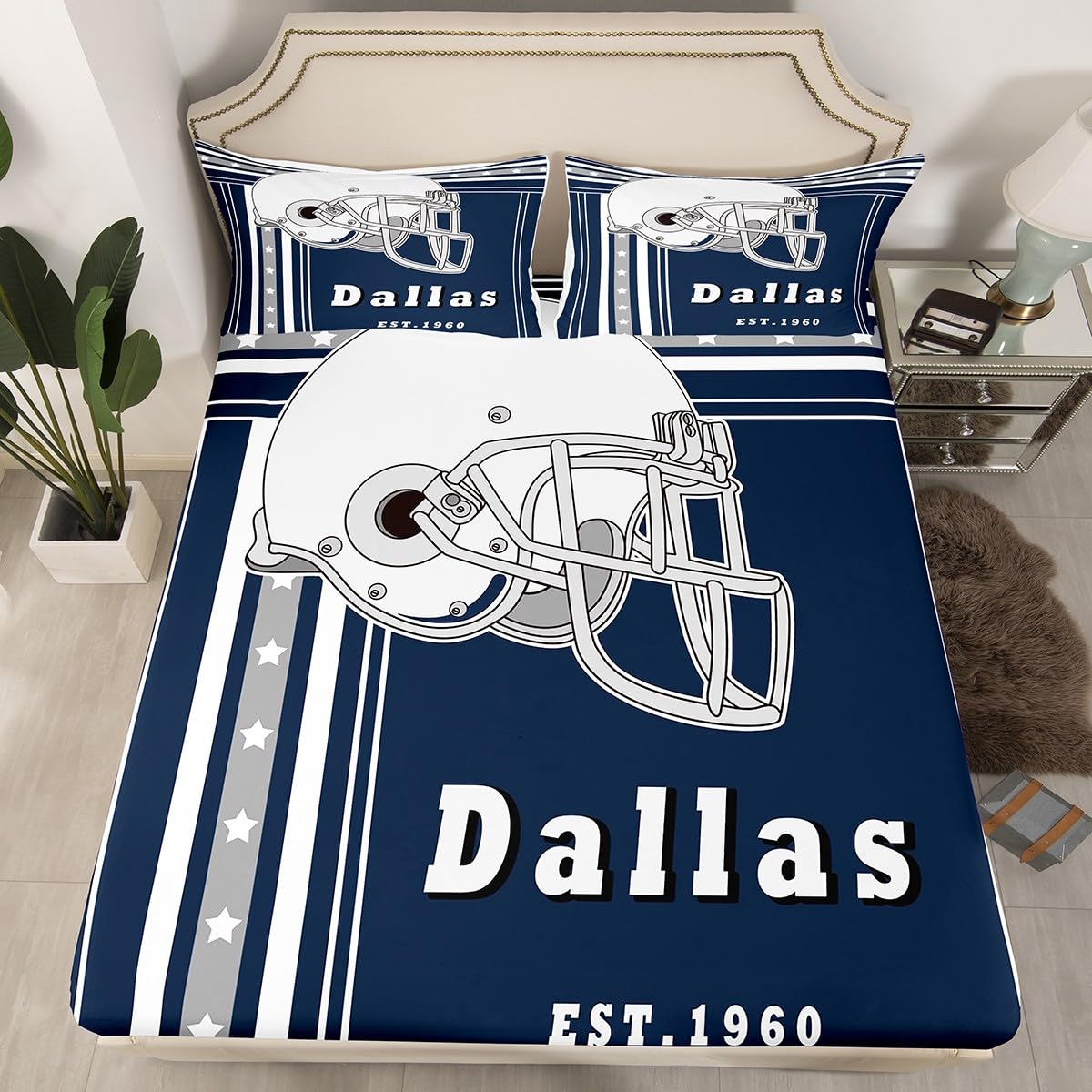 Football City Bed Sheets Set American Football Lover Sheets Gifts For Boys Girls, Sports Ball Game Sheet Set Navy Blue Grey Striped Stars Bed Set Twin, Top Sheet Fitted Sheet 1 Pillowcase(Dallas)