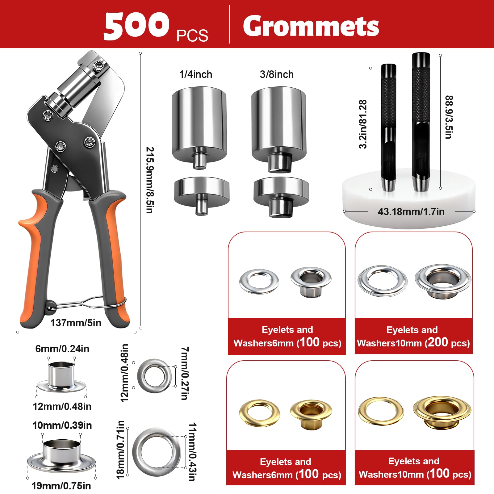Kit de œillets avec poinçons de 6 mm et 10 mm, 500 pièces d'œillets en métal, ensemble d'outils de presse à rivets à pinces à œillets très résistant pour bâches, artisanat en cuir, tissus