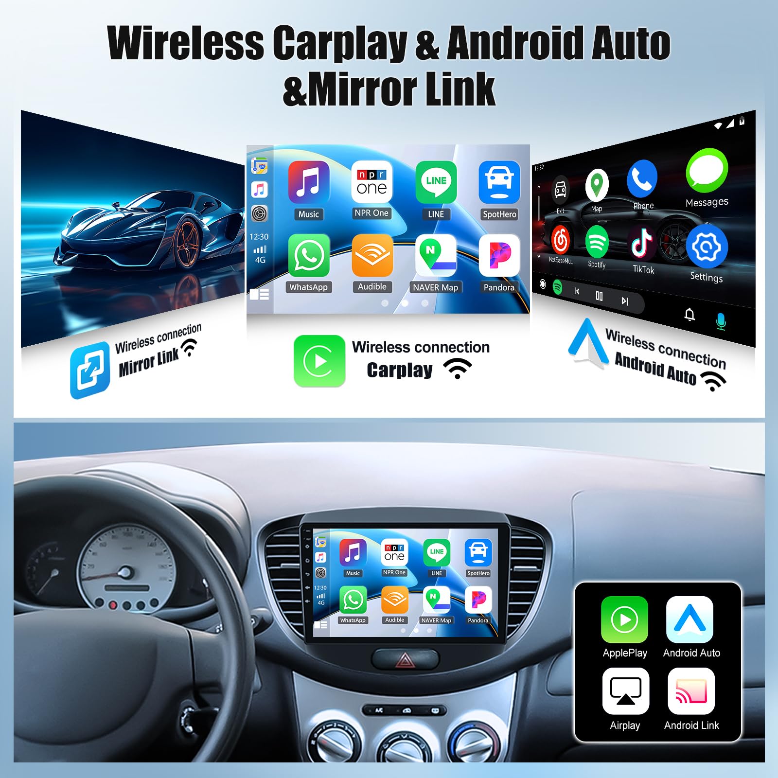 OiLiehu 4+64G Android 13 Autoradio für Hyundai i10 2007-2013 Doppel Din Radio Carplay Android Auto Autoradio Mit Bildschirm 9 Zoll mit Mirror Link Bluetooth FM RDS GPS WiFi SWC EQ+Rückfahrkamera