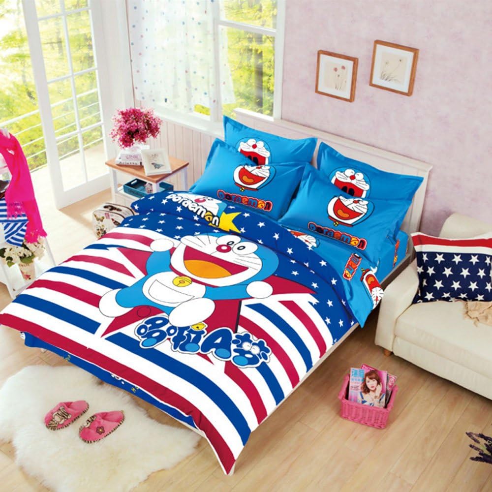 Cartoon Characters Bed Set Doraemon Bedding Set Polyester Boys Girls Bedding Anime Duvet Cover Set Soft Flat Sheet Set,4Pcs,Christmas Gift for Kids (Full, #1)