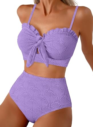 Herseas Womens Bikini Sets Tie Front Textured 2 Piece High Waisted Swimsuit
