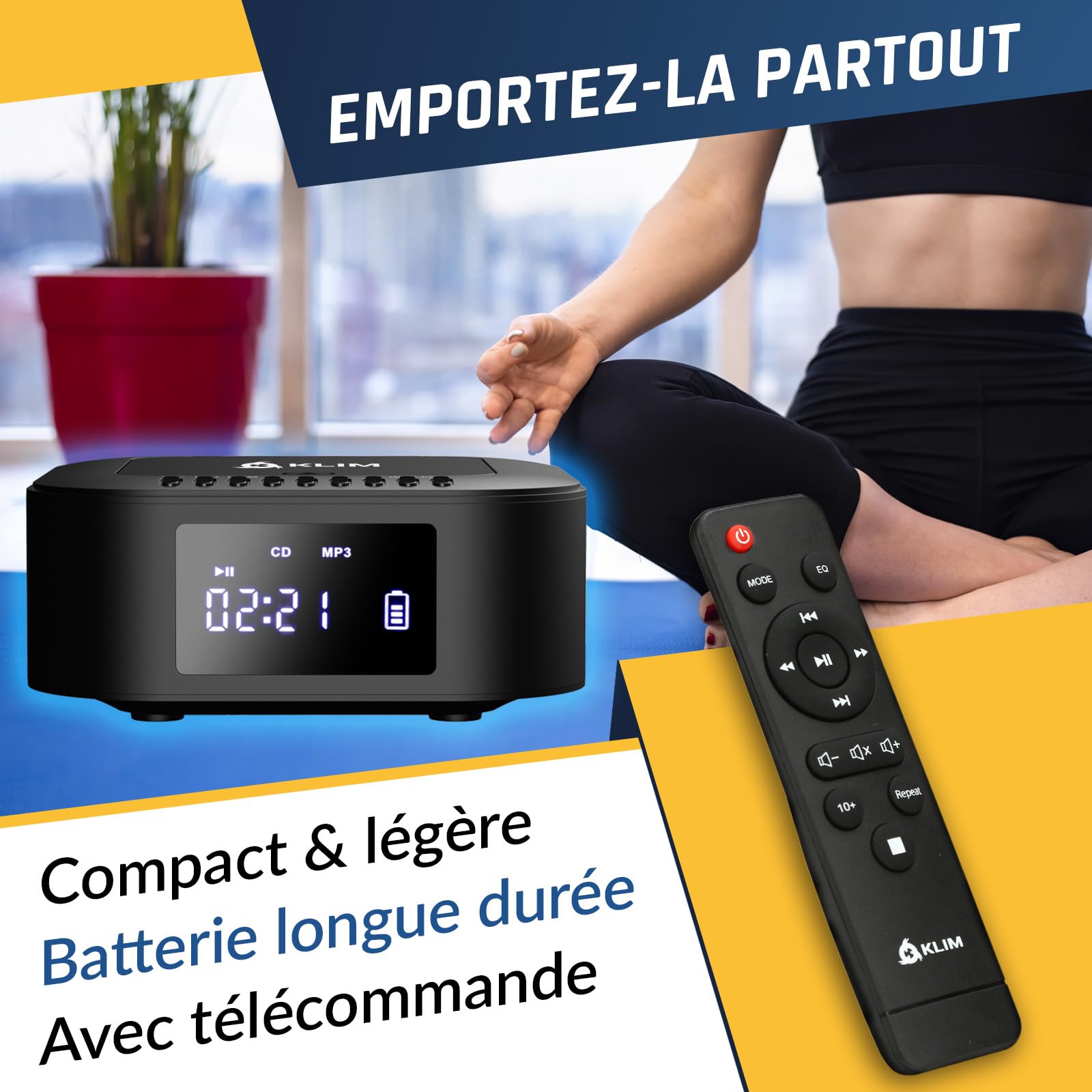 KLIM Boombox E1 - Poste Radio CD Portable - Extra Bass avec Subwoofer - Radio FM, CD, Bluetooth, USB, Bluetooth, MP3 - Mode Filaire et sans Fil avec Piles Rechargeables - Télécommande - Noir/Argent