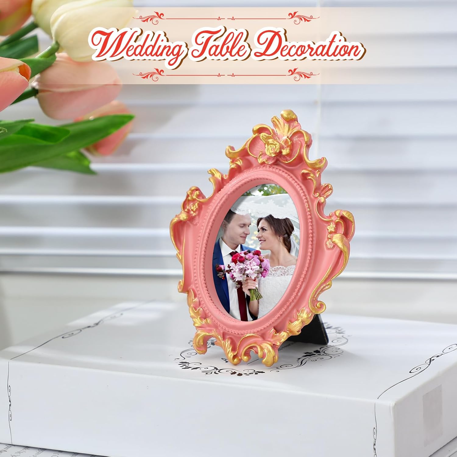 Maitys 5 Pcs Mini Picture Vintage Frames with Stands Tiny Antique Photo Baroque Ornate Resin Oval Frame Table Top Display Home Wedding Decor (Pink Gold)