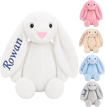 DreamBuy Personalised or Plain Plush Bunny Soft Toy, Grey, White, Pink or Beige, Custom Name Embroidery, Baby Gift for Easter White