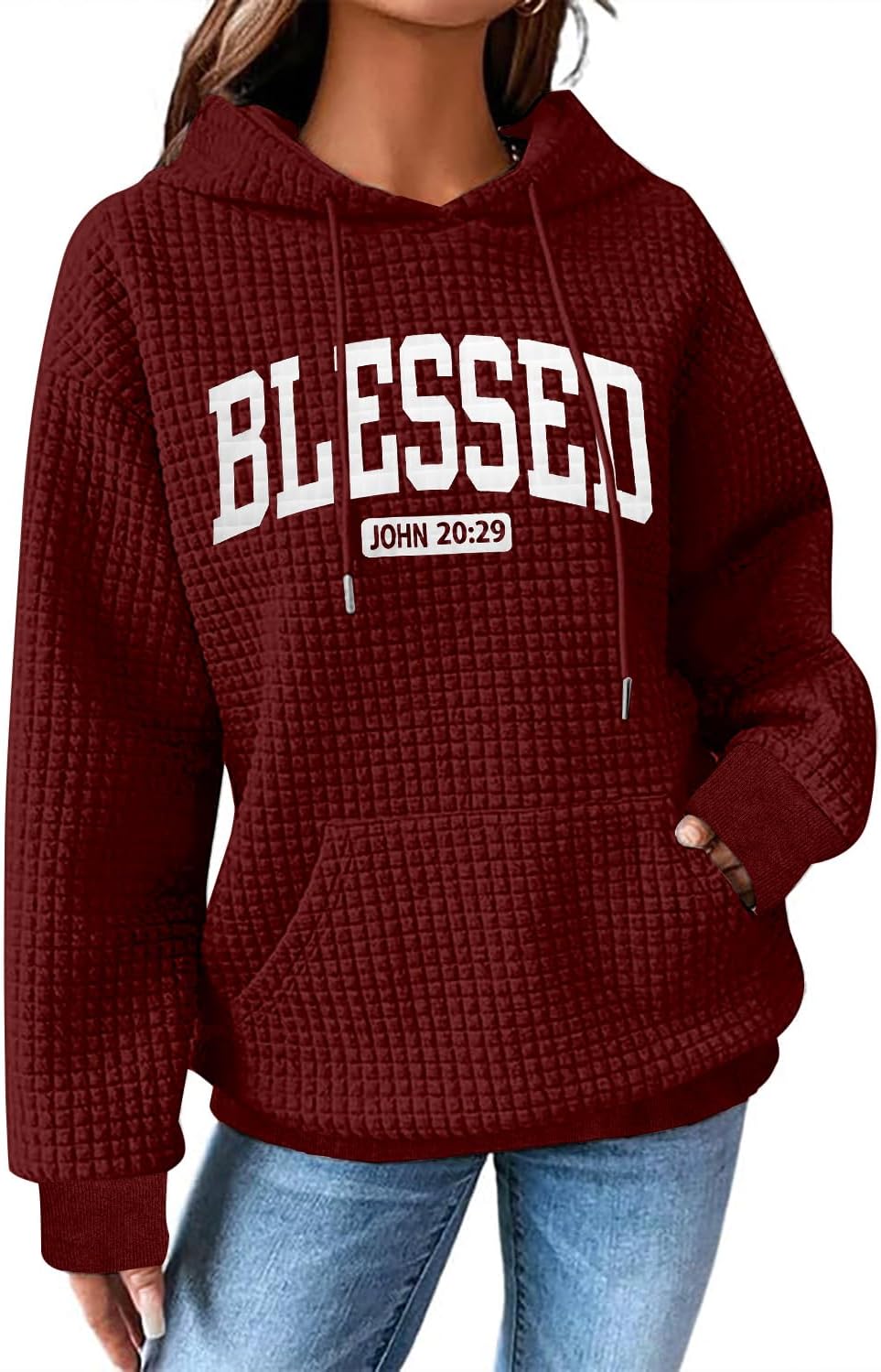 MYHALF Love Like Jesus Hoodies for Women Christian Bible Verse Sweatshirt Casual Drawstring Waffle Pullover Tops with Pocket