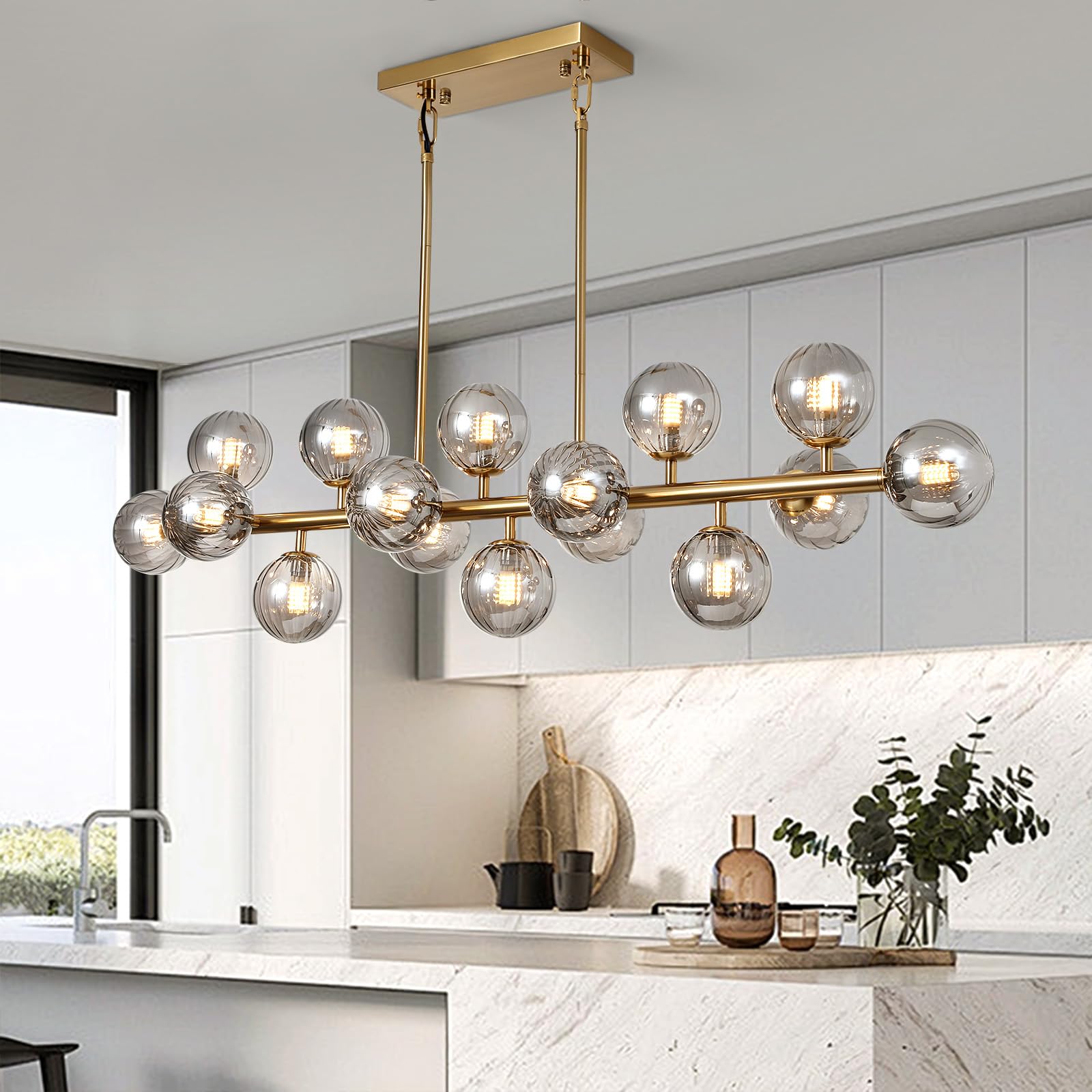 Photo 1 of Wndtu Globe Gold Chandelier Smoke Grey Linear Rectangle Modern Chandeliers Glass Pendant Light Fixture Adjustable for Dining Living Room Kitchen Island 55"