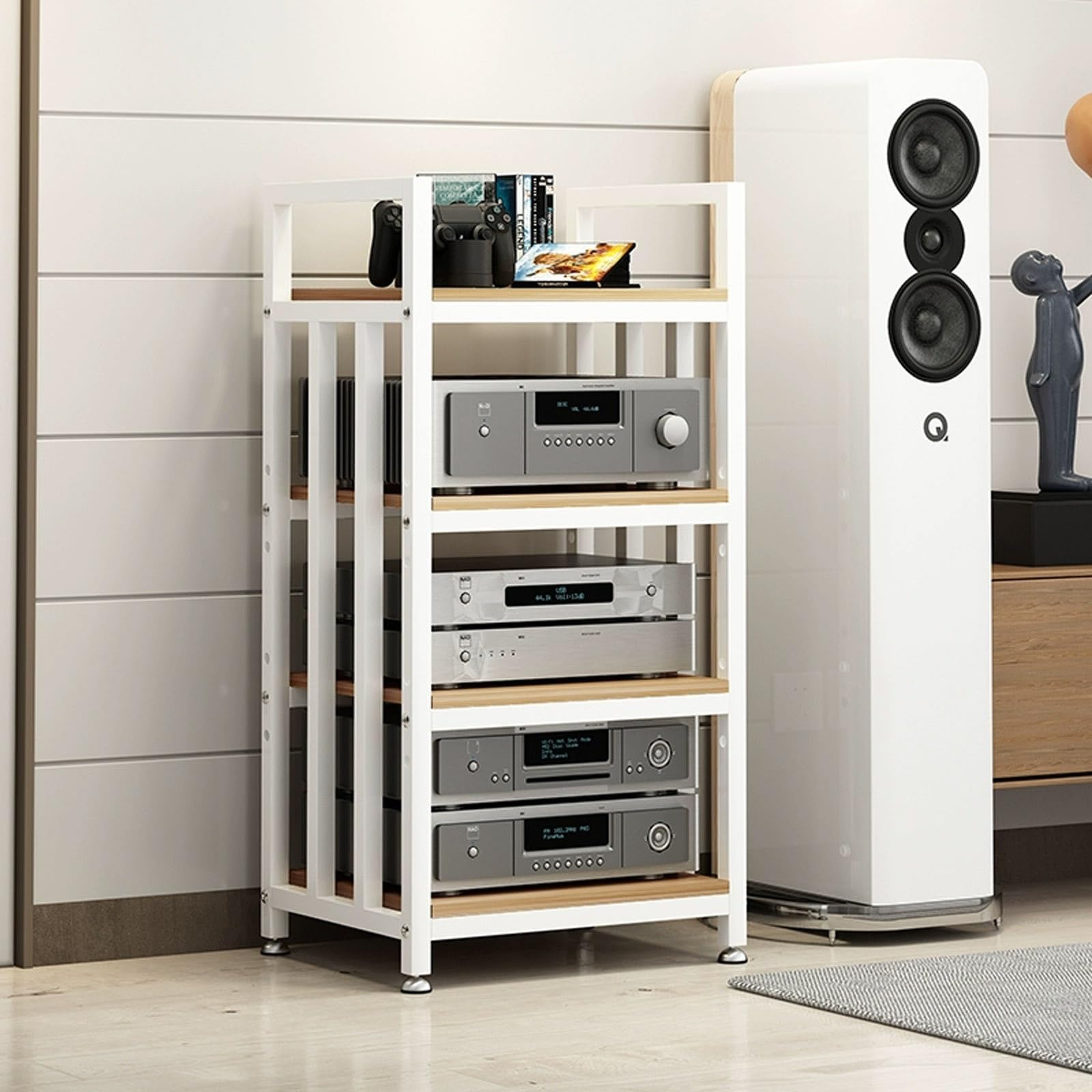 Supporto multi-strato per console multimediale per camera da letto, elegante giradischi e armadietto stereo per dischi in vinile e CD/DVD nizer per centro di intrattenimento.