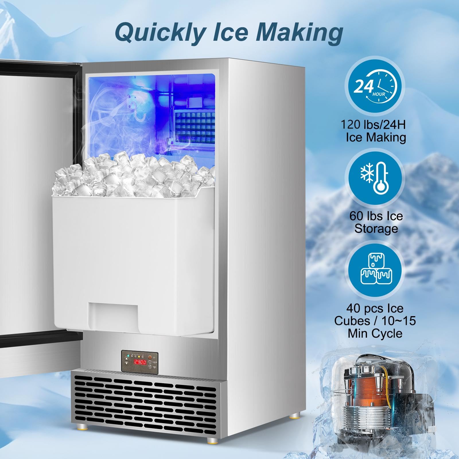 Commercial Ice Maker Machine 120 Lbs/24h, 60 Lbs Cold Preservation Bin For 4-6 H, Freestanding Undercounter Ice Maker Stainless Steel, 40 Ice Trays Built-In Ice Machine For Restaurant Bar Kitchen Café on Fridge.com - View 5