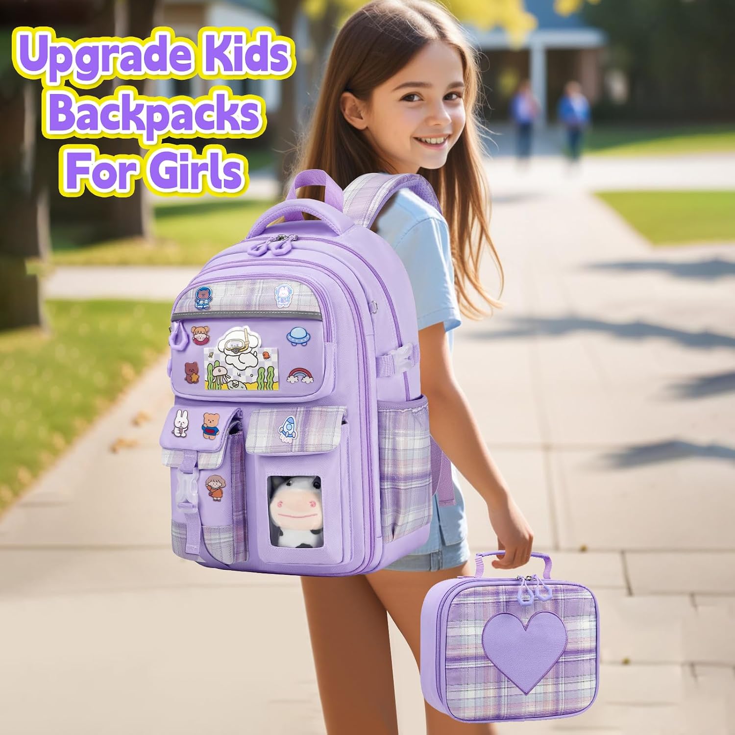 Cute Backpack for Girls, 5 Pack Kawaii Backpack Aesthetic Backpack with Lunch Box Set, Girls Purple School Bookbag for Kids Teen Elementary
