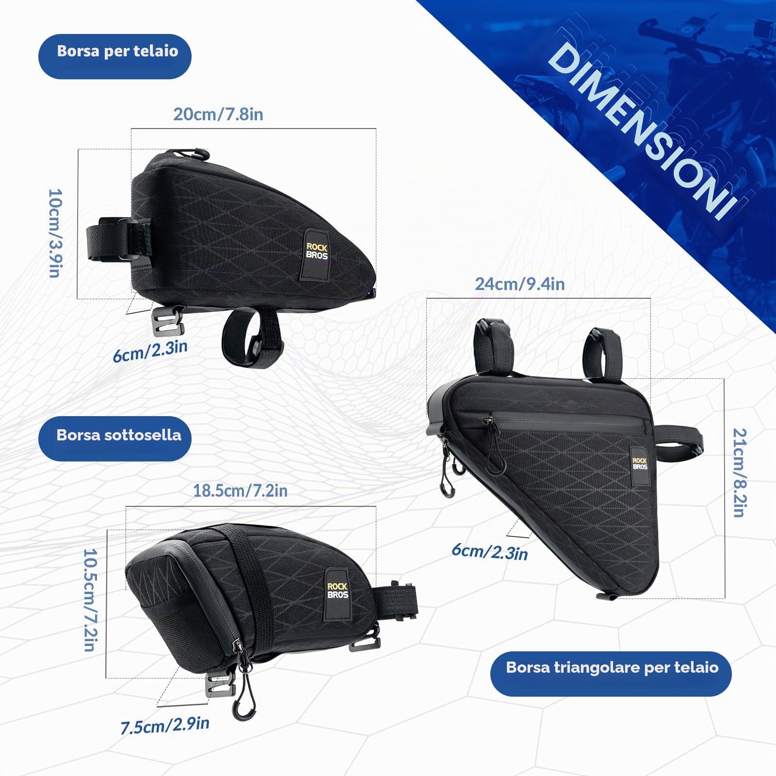 ROCKBROS Borse Bici, Set Diversi di Borsa Sottosella Borsa Telaio e Borsa Telaio Triangolo, Adatto per Bicicletta, MTB, Bici da Corsa, Capacità Pratica, Accessori Bici