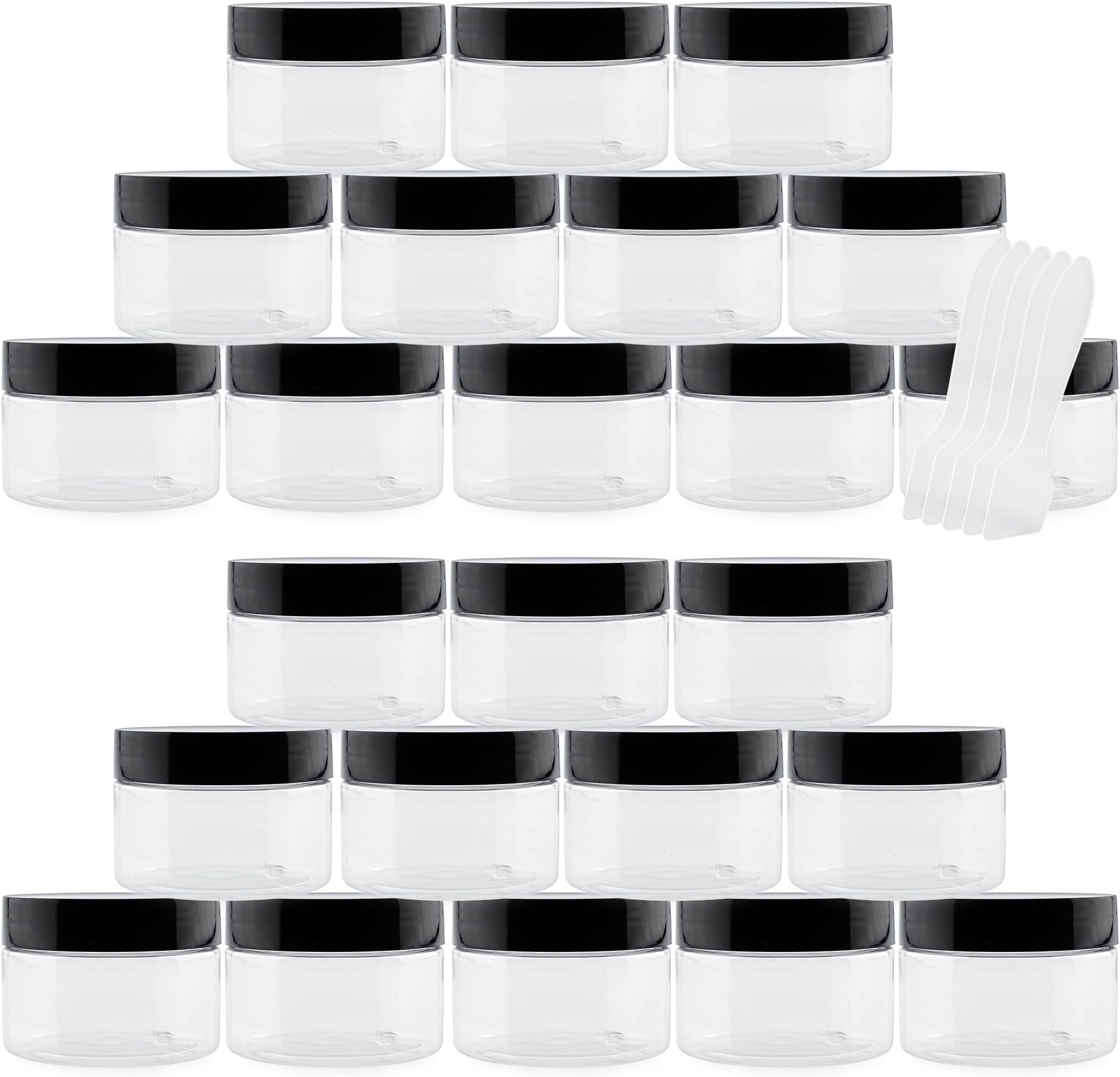Cornucopia 4oz Clear Plastic Jars with Labels & Spatulas & Lids (24-Pack); Straight Sided PET Low Profile BPA-Free Containers