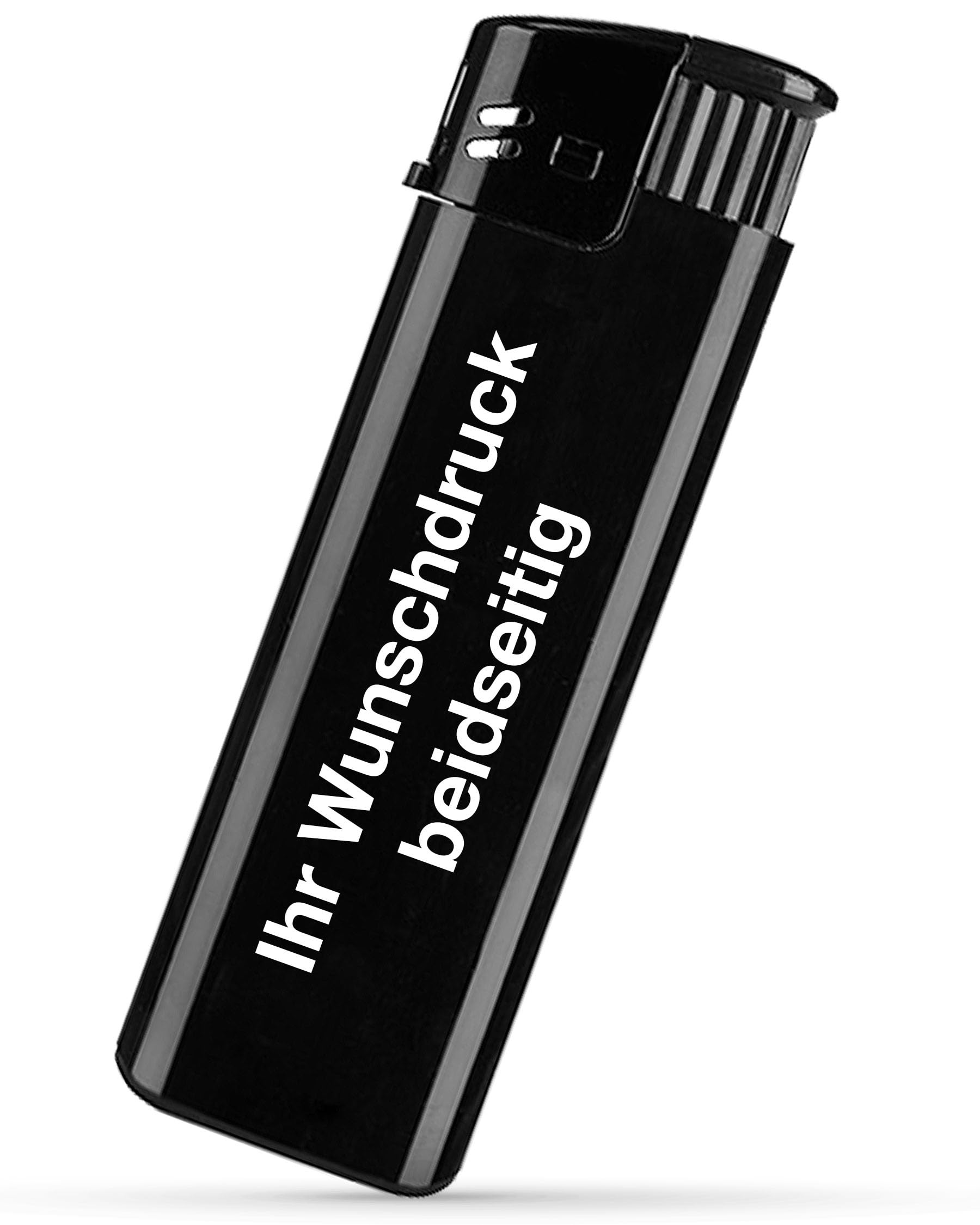 Elektronik Feuerzeug mit Textdruck – personalisierbar – Druck beidseitig – Schlichtes und modernes Gasfeuerzeug – ideale Geschenkidee für Alltag und Beruf (SCHWARZ,100)