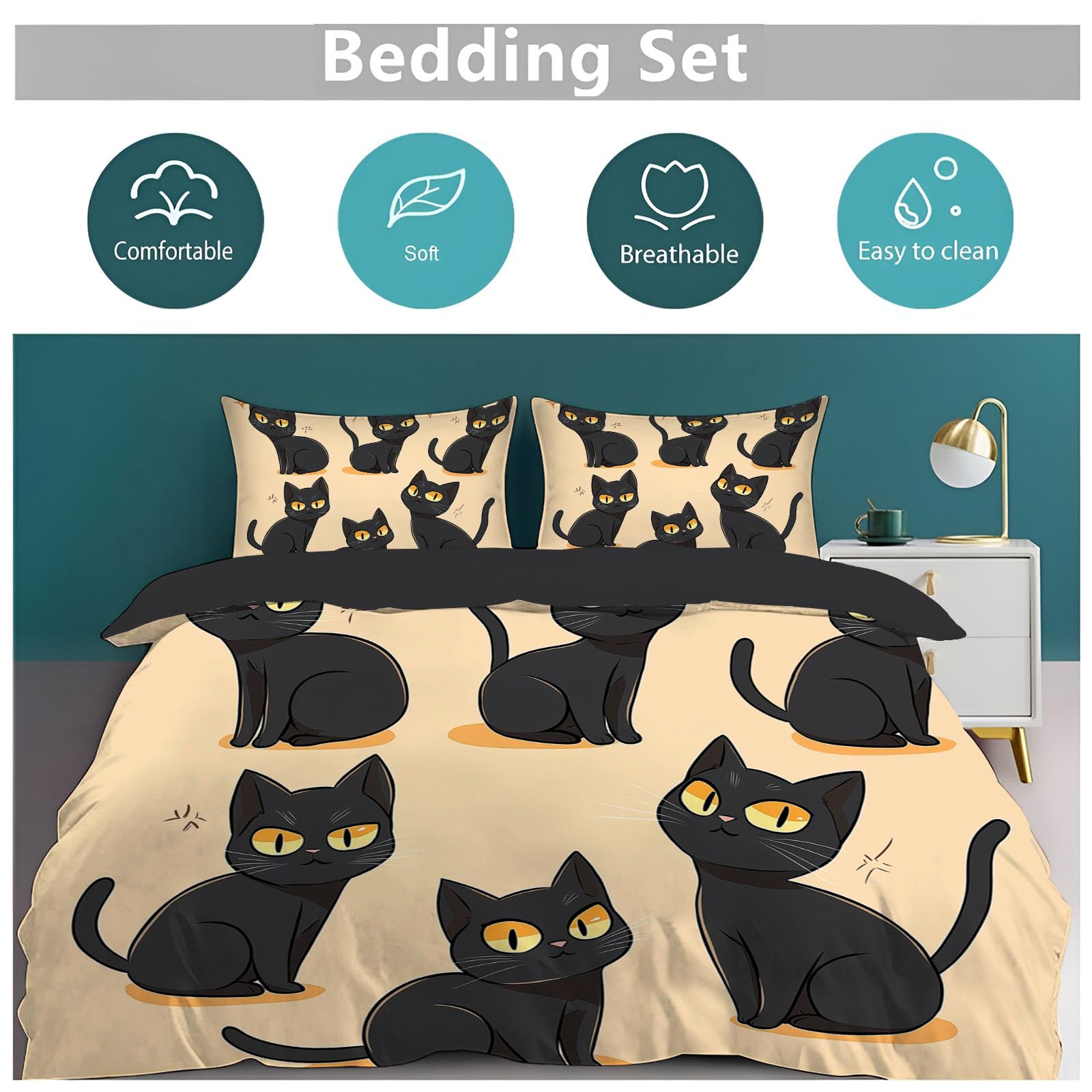 Gato Negro Sencillo Juego de Funda Nórdica 3 Piezas Cama 105 Microfibra Extra Suave Transpirable, Animales Funda Edredón 200x200cm y 2 Fundas de Almohada 50x75 cm