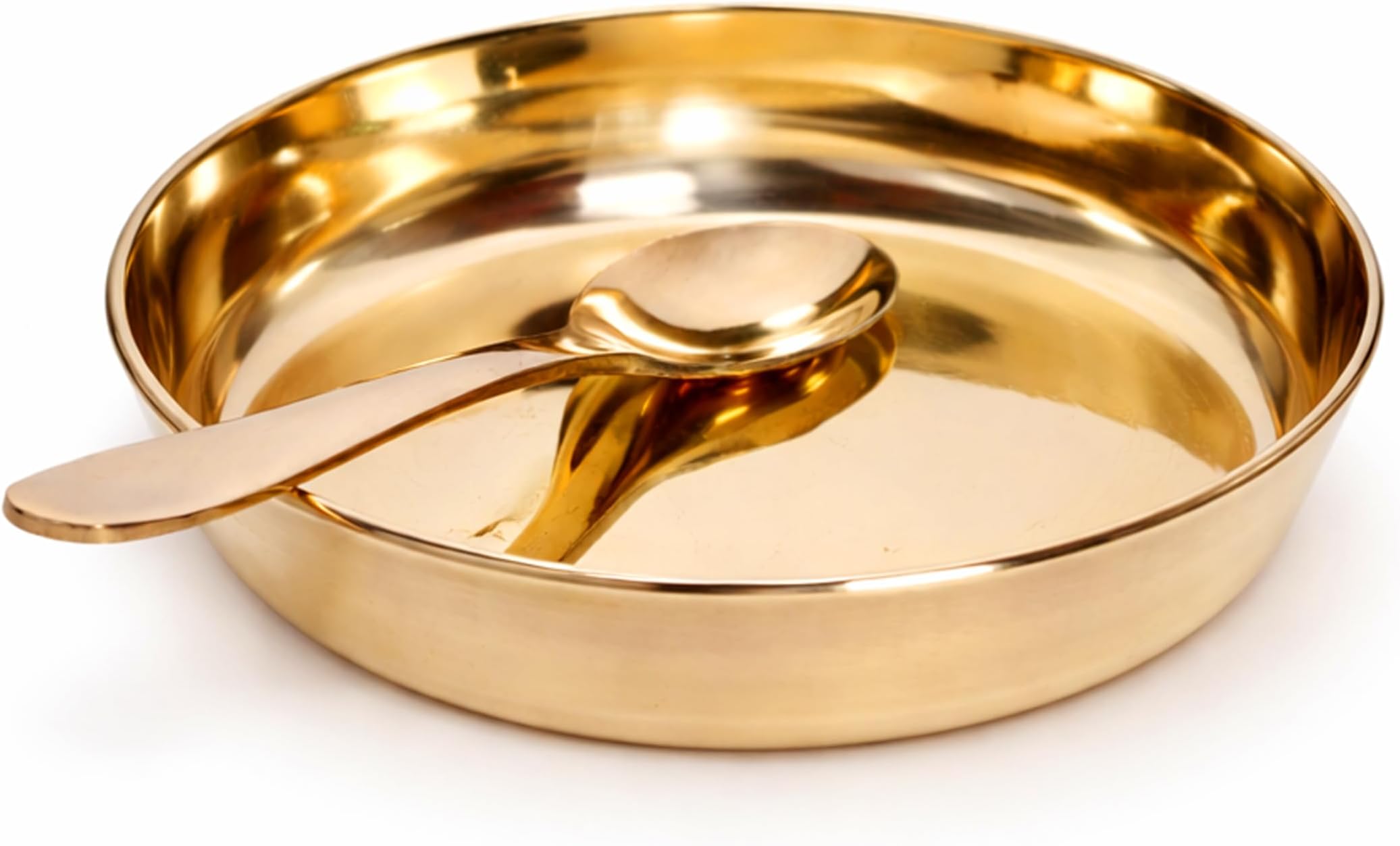 Kansa Breakfast Set of 2, Gold Finish, Traditional Indian Dinnerware, 2 Piece Set with Bowl and Spoon