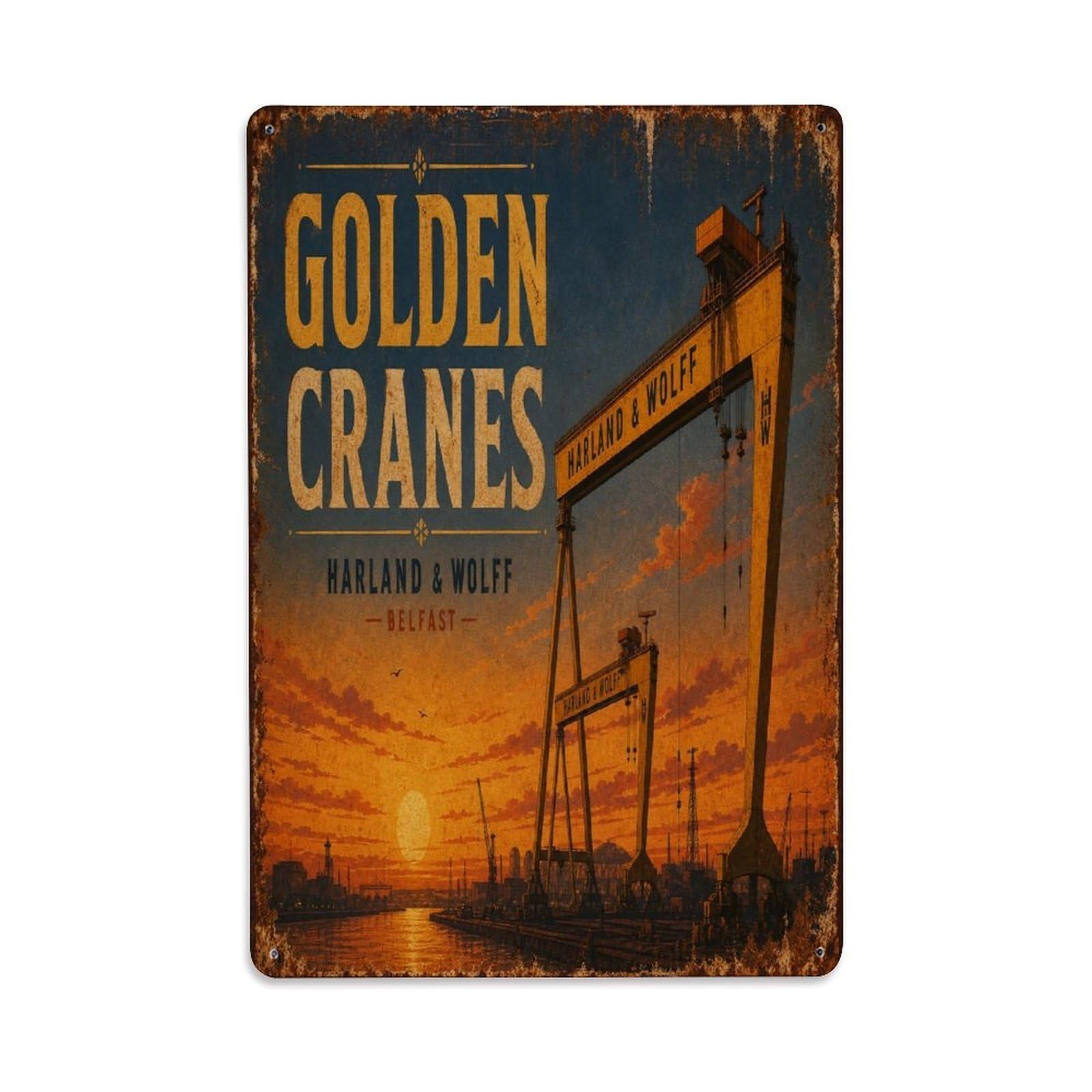 Belfast Shipyard Sunset Cranes Maritime Heritage Metal Tin Sign Plaque Wall Decor for Cafe, Man Cave, Club Bar, Office, Home Garden Round Metal Poster 8x12Inch
