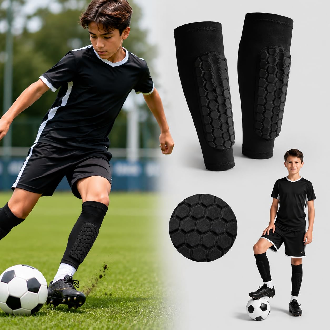 2 Pcs Black Honeycomb Compression Shin Guards, Lightweight Soccer Shin Pads
