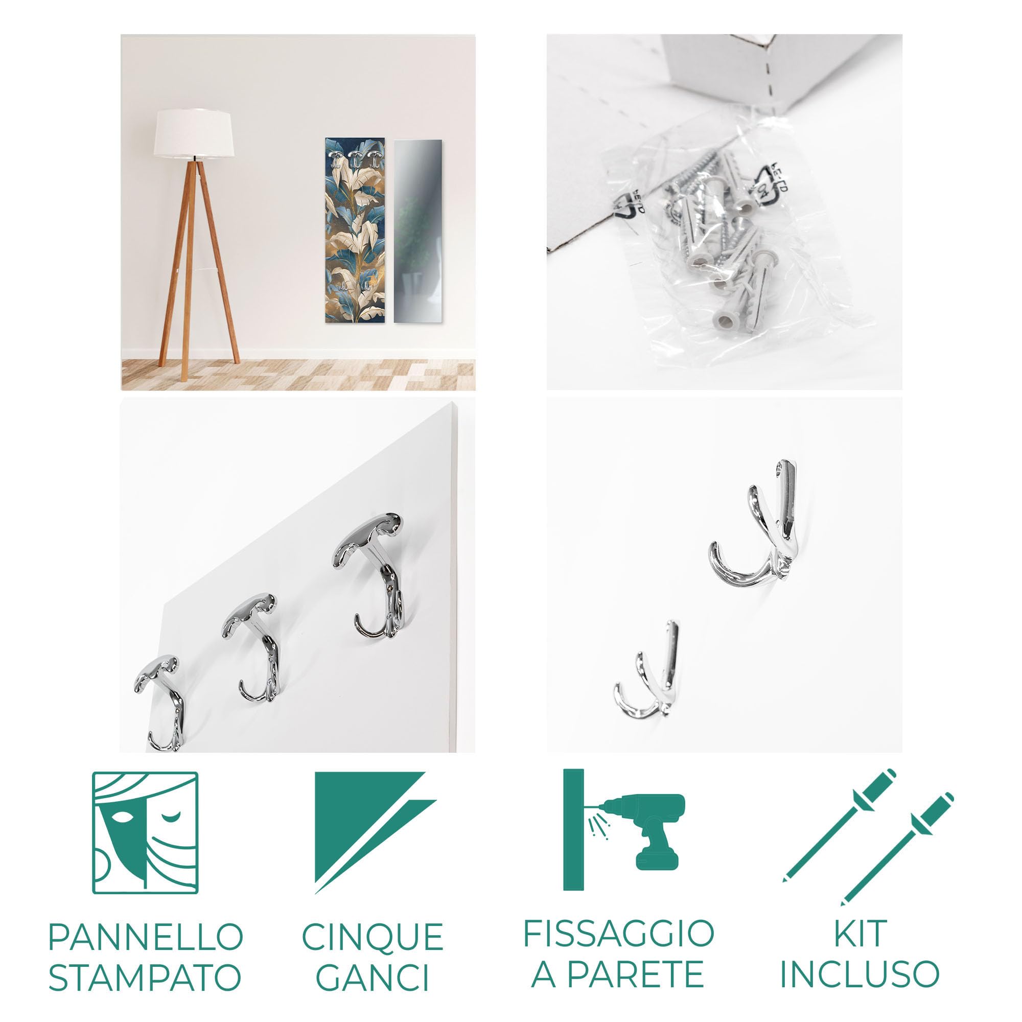 Lupia - Appendiabiti da Parete Moderno | Pannello Stampato in Legno con Fiori | 3 Ganci Appendiabiti | Facile Montaggio | 46x125 cm, Legno MODERN FLOWERS
