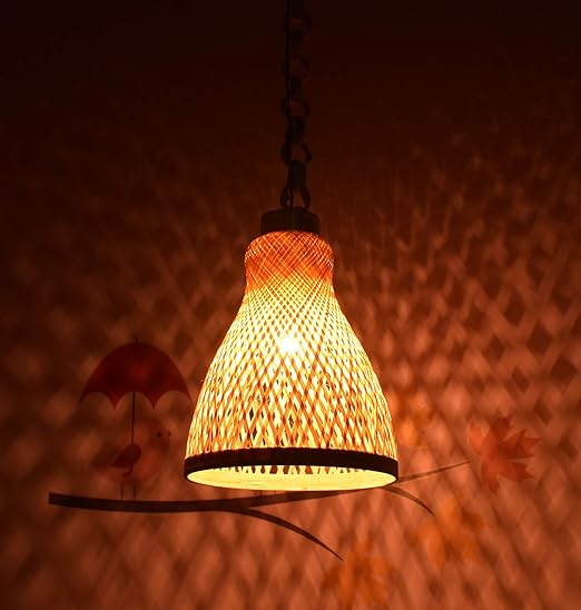Bengal Handicrafts & Handlooms Home Decorative Handicraft 5Watts Bamboo 10 Inches Bell Type Hanging Lamp with 12 Inch Chain without Bulb, Holder and Wire (Golden)(AC/DC)