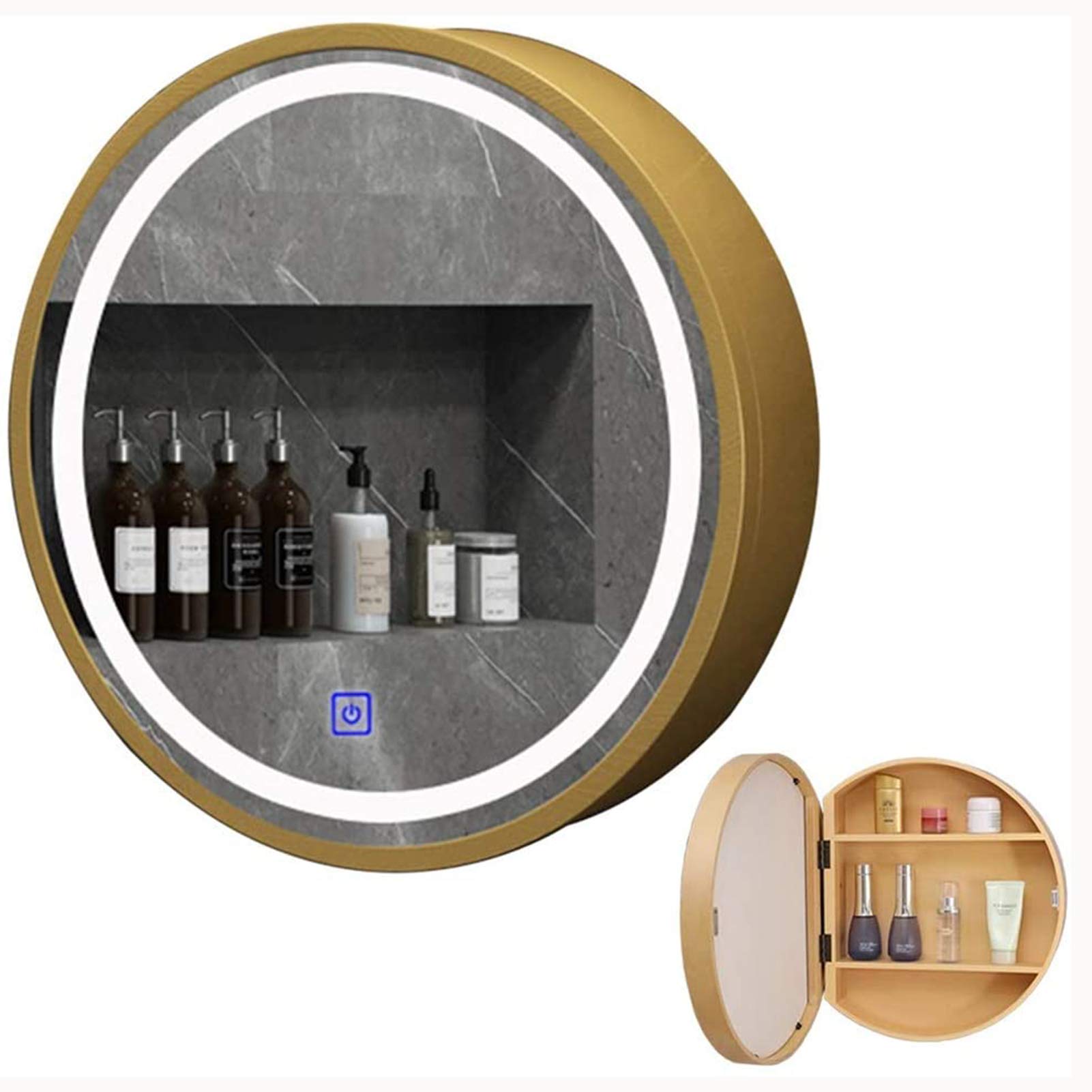 Botiquín redondo con luz LED para baño con espejo antivaho montado en la pared, espejo de maquillaje regulable con interruptor táctil, espejo de tocador con luces